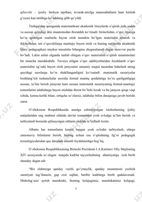 ni malakali yetuk kadrlar bilan ta’minlash imkonini ham beradi. hozirgi kunda umumta’lim maktablari, akademik litsey va kasb-hunar kollejlari matematika kursi dasturini mazmuni va uning bayon qilish metodlarining asosiy maqsadi o’quvchilarning shu fan bo’yicha egallaydigan bilimlari sistemasini yanada chuqurroq shakllantirish, ularning bilim olish jarayonini faollashtirishdan iboratdir. kurs ishining maqsadi. metrik fazolar, metrik fazoda yaqinlashish tushunchasi, metrik fazolarda uzluksiz aks ettirishlar va funksionallar, to’la metrik fazolar va metrik fazoda kompakt to’plamlar haqida o’rganish va ilmiy salohiyatni kuchaytirish. kurs ishining vazifalari. ushbu kurs ishining vazifalari quyidagilardan iborat: 1. mavzuga doir ma’lumotlarni yig’ish va rejani shakllantirish; 2.ta’lim sifati va samaradorligini yaxshilash orqali ta’lim natijasini ta’minlash yo’llarini aniqlash; 3. o’rta maxsus ta’limning reyting tizimini ko’tarish; 4. o’quvchi yo’l qo’yadigan xatolarni o’rganish va uni tuzatish usullarini izlash; 5. kurs ishini jihozlab, uni himoyaga tayyor qilish. i bob metrik fazolar 1.1. metrik fazolar matematik analizning asosiy amallaridan biri limitga o’tish tushunchasidir. bu amalni to’g’ri chiziq nuqtalaridan iborat …