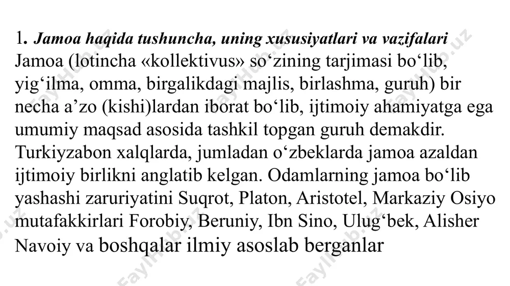 liyatlari yo‘nalganligi zaminida o‘zaro birgalikda harakat qilishlarini taqozo etishdan vujudga keladi. odamlarning faoliyat turlariga mutanosib tarzda mehnat, ta’lim- tarbiya, maishiy hayot, badiiy ijod, harbiy, jismoniy tarbiya, sport, oila kabi doiralarda jamoalar vujudga kelishi va samarali amal qilishi mumkin. zamonaviy talqinda «jamoa» tushunchasi ikki xil ma’noda ishlatiladi. birinchidan, jamoa deganda bir necha kishilarning muayyan maqsad yo‘lida birlashuvidan iborat tashkiliy guruhi tushuniladi (masalan ishlab chiqarish jamoasi, zavod jamoasi, o‘quv yurti jamoasi, xo‘jalik jamosi va hokazo). ikkinchidan, jamoa deganda yuqori darajada uyushtirilgan guruh tushuniladi. chunonchi, o‘quvchilar jamoasi yuqori darajada uyushtirilgan birlashma hisoblanadi. 2. jamoada va jamoa yordamida tarbiyalash - tarbiya tizimida muhim ahamiyatga ega bo‘lgan tamoyillardan biridir. shaxsni shakllantirishda jamoaning etakchi rol o‘ynashi to‘g‘risidagi fikrlar pedagogika fanining ilk rivojlanish davrlaridayoq bildirilgan. jamoada uning a’zolari o‘rtasidagi munosabatning alohida shakli yuzaga keladi, bu esa shaxsning jamoa bilan birgalikda rivojlanshini ta’minlaydi. lekin har qanday guruhni ham jamoa deb hisoblab bo‘lmaydi. jamoa bir qator belgilarga egadirki, mazkur …