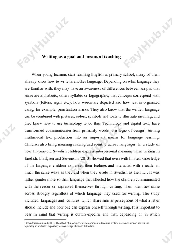 a sense of belonging. in an english language teaching (elt) context, this approach can be applied to english and another language or other languages that children know. perhaps some children may even be able to write a story in three languages with the help of teachers, peers, and their families, and bring into their writing their various scripts, familiar content, layout of choice, pictures, and other modes of communicating their meaning. regardless of the writing activity, writing is always about writers thinking and about their interactions with readers through their texts and through collaboration. writers have something to say and someone to say it to and receive a response from. readers can be known: a teacher, a friend, a parent; or unknown: readers of a blog, a newspaper, etc. writers have to adjust to writing norms, which are not their own ideas but social constructs that have developed over many …