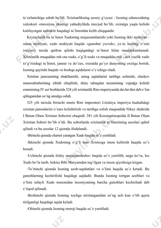 inning taqdir haqidagi ta`limotida aytilishicha, xudoga imon keltirgan har bir kishi najot topganlar safidan o’rin egallashi mumkin. chunki imon taqdir taqozosidir. xristianlikdagi oqimlar. xristian cherkovining katolik va pravoslav cherkovlariga ajralib ketishi rim papasi va istanbul patriarxining xristian olamida etakchilik uchun olib borgan raqobati oqibatida vujudga keldi. ajralish jarayoni rim imperiyasining g’arbiy va sharqiy tafovutlari o’sib chuqurlashib borayotgan asrlardayoq boshlangan edi. 867 yillar orasida papa nikolay va istanbul patriarxi fetiy orasida uzil-kesil ajralish ro’y berdi va bu ajralish 1054 yili rasman tan olindi. xvi asr boshlarida katolitsizmdan bir necha evropa cherkovlari ajralib chiqishi natijasida xristianlikda protestantlik harakatlari vujudga keldi. buning dоirasida lyuteranlik, baptizm, anglikanlik va kalvinizm cherkovlari shakllandi. bular bir cherkovning asosiy marosimlari jihatidan o’zlariga xos bo’lgan tomonlarga ega bo’lish bilan bir qatorda, bular ham o’z navbatida bir necha yo’nalishlar, mazhablar va oqimlarga bo’lindi. 1. pravoslav oqimi. pravoslav oqimi xristianlikning uch asosiy yo’nalishidan biri o’laroq, tarixan uning sharqiy shahobchasi sifatida ro’yobga …