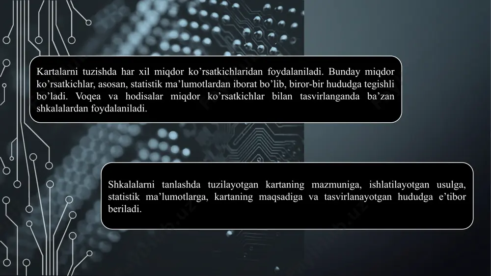 jada pog`onalar orasidagi farq katta bo’lganligi sababli yirik shaharlar deyarli ko’zga tashlanmaydi. 8 9 10 kartogramma bilan tasvirlanadigan voqea va hodisalar shkalalar soni yettitadan oshib kesa, o’qilishi qiyin bo’ladi. shuning uchun tasvirlanayotgan voqea va hodisalarning mazmuniga va tarqalish xususiyatga qarab shkalalar pog`onasini to’g`ri tanlash kerak. masalan, «o’zbekiston geografik atlasi»dagi «paxtachilik kartasi»da paxta hosildorligini ko’rsatuvchi kartogrammada tanlangan shkala ancha o’rinli chiqqan. shuni ham unutmaslik kerakki, shkalalar orasidagi farq (interval) imkoni boricha bir xilda bo’lsa, tasvirlanayotgan voqea-hodisalarni o’qib tushunish va taqqoslash imkoniyati oshadi. natijada tasvirlanayotgan voqea va hodisalarning tarqalish qonuniyatlarini aniqlash imkoniyati oshadi. shkalalar orasidagi farqlar iloji boricha kasr sonlar bo’lmasligi kerak. shu bilan birga shkalalar tanlanganda statistik ma’lumotlarning bir yilgisi olinganda shu soha to’g`risida to’liq ma’lumot olish qiyin, shuning uchun ko’p yillik ma’lumot olib, ularning o’rtachasi qabul qilinsa, maqsadga muvofiq bo’ladi. buni ham «paxtachilik kartasi»da ko’rish mumkin. e’tiboringiz uchun rahmat 13 image2.png image3.jpeg image4.jpeg image5.jpg image6.png image7.emf image8.emf image9.jpeg image10.jpeg image11.jpeg …