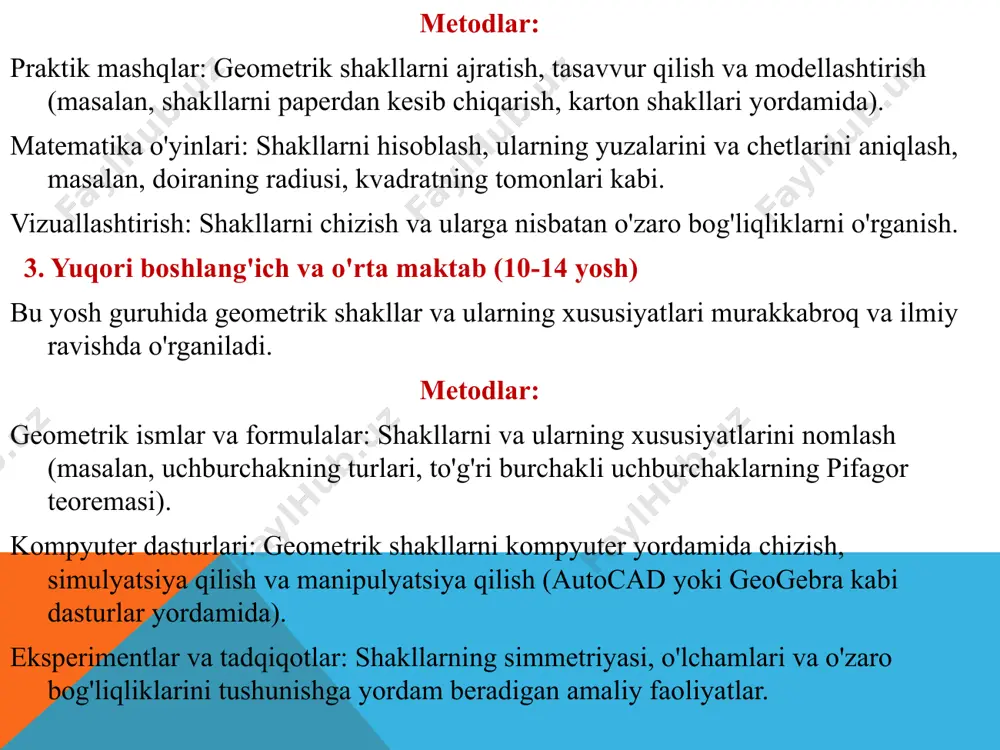 gapirish. 2. boshlang'ich maktab (6-9 yosh) o'qituvchi va bola o'rtasidagi interaktiv faoliyat: o'quvchilarga shakllarni ko'rsatuvchi rasmlar yoki chizmalar yordamida shakllarni ajratib ko'rsatish va ularning o'ziga xos xususiyatlarini tushuntirish. o'yinlar orqali o'rganish: "shaklni top!" yoki "shaklni tuz!" kabi o'yinlar, bu o'yinlar bolalarga shakllarni birlashtirish va yaratish orqali ularga geometrik tushunchalar beradi. 3. o'rta maktab (10-14 yosh) geometrik konstruktiv faoliyat: o'quvchilarga shakllarni qurishda (masalan, origami, yoki 3d modellar yaratish) qo'llanishi mumkin bo'lgan metodlar. bu usul ular uchun murakkab shakllar va strukturalarni yaratishga yordam beradi. shakllar va formulalar o'rtasidagi bog'lanishlarni o'rganish: o'quvchilar uchun geometrik shakllarning yuzalari va hajmini hisoblashga oid formulalar va usullarni o'rgatish. analogiyalar yordamida tushuntirish: geometrik shakllarni tabiiy shakllar yoki real hayotdagi ob'ektlar bilan bog'lash (masalan, futbol to'pi yoki binolarni shakllarini o'rganish). 4. yuqori maktab (15+ yosh) geometrik konseptlarni chuqurlashtirish: trigonometrik va analitik geometriya kabi yuqori darajadagi geometrik kontseptlarni o'rgatish. o'quvchilar formulalar va tushunchalar yordamida shakllarning fazoviy o'lchamlarini aniqlashga kirishadilar. kompyuter …