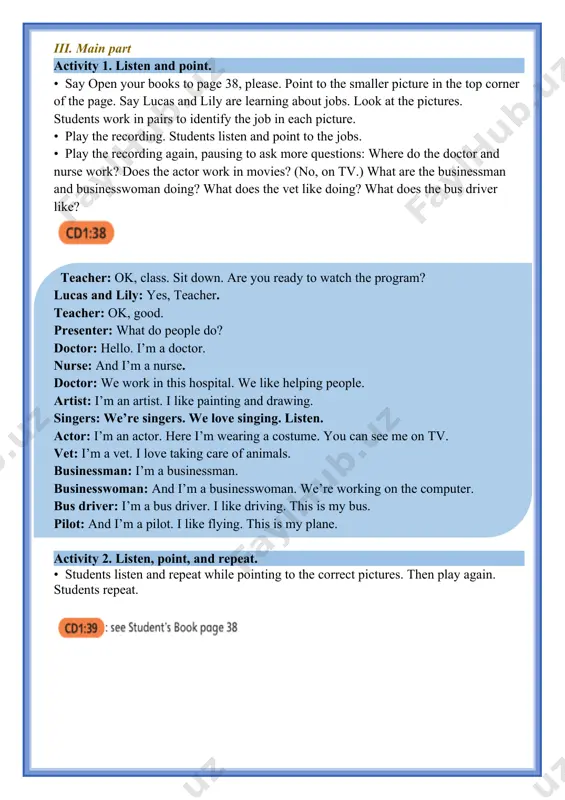g the lesson • play memory 1 through 10 (see page xvi) with the word cards. memory 1 to 10 play this game with any set of ten flashcards. show the cards to the students one by one and elicit the word or a sentence about the card. then attach the flashcard to the board face down and write a number underneath it from 1 to 10. students have to try to remember where each flashcard is. divide the students into two teams. then say a word or a sentence about one of the cards, e.g., for food and drink in unit 5: i sometimes eat salad. the teams take turns guessing the correct flashcard number. turn the flashcard over and ask the other team questions to check, e.g., for unit 5: is it salad? do you sometimes eat salad? if the flashcard is correct, the guessing team keeps it; …