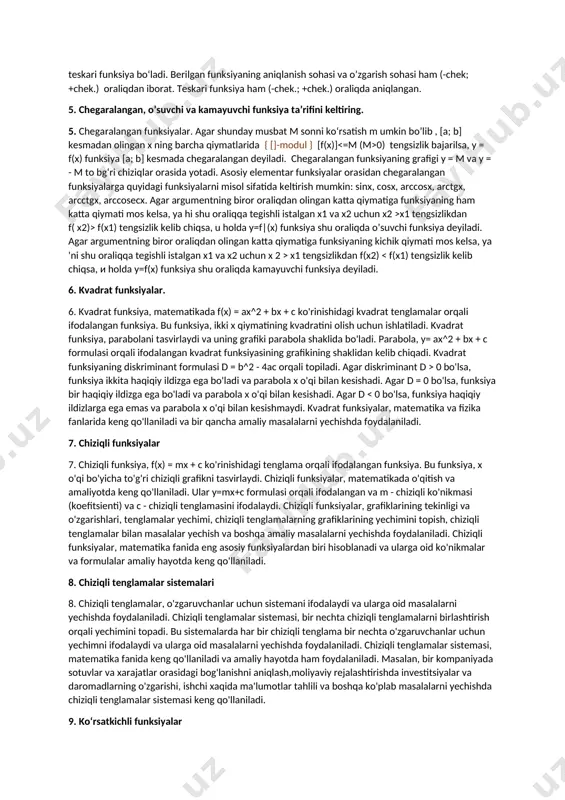 nksiyani ta’riflang va misollar keltiring. 3. u= g(x) funksiyaning aniqlanish sohasi d bo‘lsin va у = f(u) funksiyaning aniqlanish sohasi d' bo‘lsin. shuningdek, u= g(x) funksiyaning qiymatlari у = f(u) funksiyaning d' aniqlanish sohasidan chiqmasin. bunday holda x argumentning d sohadan olingan x = x0 qiymatiga u argumentning d' sohadan olingan u = u0 = g(x0) qiymati mos keladi, o ‘z navbatida esa u= u0 qiymatga o ‘zgaruvchining (murakkab funksiyaning) у = y0 = f ( u 0) qiymati mos keladi. endi agar x ning d sohadan olingan x = x0 qiymatiga, u0 ‘zgaruvchi ning u=u0 = g(x0) qiymatiga mos keluvchi у ning у = y0 qiymati mos kelsa, u holda d sohada qandaydir у = f(x) yangi funksiya aniqlangan bo ‘ladi. bu funksiya x ning murakkab funksiyasi deyiladi va у = f[g(x)] ko‘rinishda belgilanadi. misol. у =ildiz osti 1-u funksiya d' =[-cheksiz; 1 ] oraliqda, u= tgx funksiya d …