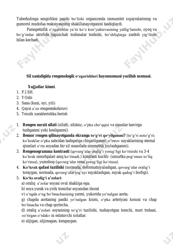 ‘lchovida sm, katta-kichik xajm v) fokusli soya va boshqalarga uzunligi, kengligi-smda. 17. soya intensivligi. a) kuchsiz tomirlar ko‘ndalang kesimi soyasiga teng b) o‘rta intensiv-tomir ko‘ndalang torayishi soyaga v) intensiv qovurg‘a kortikal qavat soyasiga teng 18. soya strukturasi: gomogen nogomogen 19. chegarasi: aniq, tekis, notekis. birlamchi silni rentgenologik ko‘rinishlari бронхоаденитни кичик тури ildiz soxasida o‘ng tomonda dumaloq fokuslar chap ildizda keng tarqalgan konturlari noaniq soya ildizda konturlari aniq, soya усмасимон ( тумороз ) бронхоаденит инфильтратив бронхоаденит o‘ng o‘pkani past bo‘lagida keng tarqalgan intesivligi past soya ildiz bilan keng bog‘liq бирламчи сил комплексининг сўрилиш ( биполяр ) фазасини рентгенологик кўриниши бирламчи сил комплексининг пневмоник фазасини рентгенологик кўриниши birlamchi sil kompleksini barcha komponentlar ko‘rinmoqda ( birlamchi affekt, ko‘krak ichi limfa tugunlar, limfangit) o‘pka to‘qimasida (gon) va limfa tugunda zich o‘choqlar бирламчи сил комплексининг зичлан иш фазасини рентгенологик кўриниши