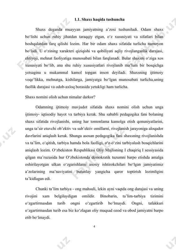 ida ijtimoiy va biologik omillarning ta’sir kuchi bir xil bo‘lmaydi. shaxsning rivojlanish holatini to‘g‘ri baholash va bilish uchun uni turli munosabatlar doirasiga qo‘yib tuzatish lozim. pedagogika shaxsning kamoliga etishishning murakkab va ziddiyatli jarayon deb biladi. shaxs qaysi o‘quvchilarda o‘z-o‘zini tarbiyalashda ya’ni o’z ustida ongli batartib ishlashga ehtiyoj paydo bo‘lgandagina,tarbiya jarayonini samarali deb hisoblasa buladi. kishilik jamiyati taraqqiyotida shaxsni tarbiyalash muammosi.odam shaxs bo‘lishi uchun psixik jihatdan rivojlanishi, o‘zini yaxlit inson sifatida his etishi, o‘z xususiyatlari va sifatlari bilan boshqalardan farq qilmog‘i kerak. “individ” nima? bola ma’lum yoshga qadar “individ” sanaladi. individ (lotincha “individium” so‘zidan olingan bo‘lib, «bo‘linmas», «alohida shaxs», «yagona» ma’nolarini anglatadi) xatti-harakatlarini shartli refleks yordamidagina tashkil eta oluvchi biologik mavjudotdir. individuallik esa shaxsning o‘ziga xos xususiyatlari bo‘lib, uning namoyon bo‘lishi, tarbiya jarayonini amalga oshirishda bola shaxsini puxta o‘rganish, uning yashash sharoitlaridan etarli darajada xabardor bo‘lish va ularning hisobga olinishini taqozo etadi. individual yondashuv o‘quvchilarning aqliy qobiliyatlari, bilishga bo‘lgan qiziqish hamda …