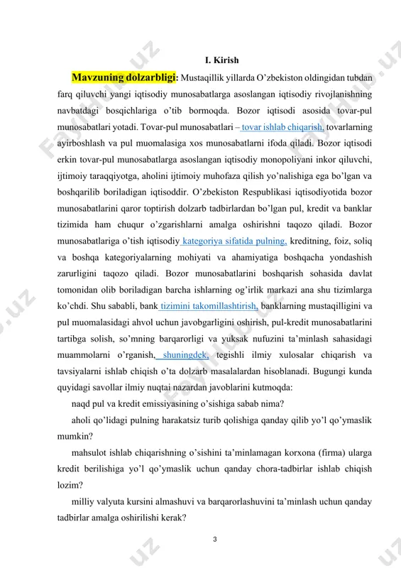 mumkin? mahsulot ishlab chiqarishning o’sishini ta’minlamagan korxona (firma) ularga kredit berilishiga yo’l qo’ymaslik uchun qanday chora-tadbirlar ishlab chiqish lozim? milliy valyuta kursini almashuvi va barqarorlashuvini ta’minlash uchun qanday tadbirlar amalga oshirilishi kerak? inflyatsiyani oldini olish va uni pasaytirish omillari nimalardan iborat? bozor iqtisodi sharoitida banklarning o’rni hamda faoliyatini muhimligi, pul, kredit va bank tizimining takomillashib borishi, shu sohada malakali kadrlar tayyorlashni va mavjud muammolar echimini taqozo qiladi. pul bozor iqtisodiyotining eng muhim omillaridan biri bo`lib, iqtisodiyotning «qoni» dir. iqtisodiyot pul bilan tirik. pul bo`lmagan joyda bozor iqtisodi bo`lishi mumkin emas. bozor iqtisodiyotida tovarlar va xizmatlarni ishlab chiqarishdan tortib, to iste`molchiga yetkazib berishgacha pul vositasida amalga oshiriladi. bozor iqtisodiyoti sharoitida pul muomalasini tashkil etish, pul ayriboshlash, ularni saqlash, taqsimlash, bo`sh pulni qarzga berish, pul vositasida moliyaviy hisob-kitoblarni amalga oshirish kabi iqtisodiy munosabatlar yanada kuchayib, murakkablashib boradi. ishning maqsadi va vazifalari. pul muamilasi madaniyati va pul isloxatlari, valyutani barqarorlashtirish usullari, yo’llarini aniqlash …