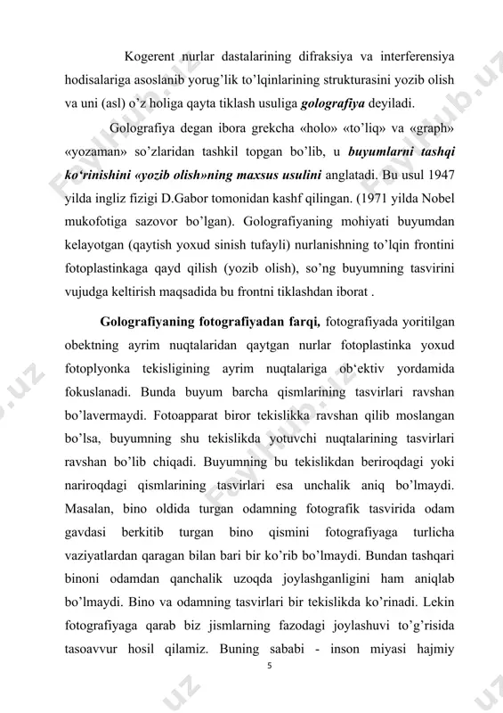 atalarini hisoblab topish mumkin. ravshanki, aytilgan mulohazalar sirtning h qabul qilgich tekisligiga tasviri tushirilayotgan har qanday nuqtasiga taalluqlidir. biroq bu prinsipning tatbiq etilishi yorug’lik manbai haqida bizni qiziqtiruvchi barcha ma’lumotlarni bir fotosuratda aks ettira olmaydi. masalan s2 manbaning h qabul qilgich sirtidan tashqaridagi s2 tasviri plastinkaning c` qismini qoraytiradi, ya’ni c buyumning akslanishidek effektga olib keladi. s2` ni h ga tushayotgan sferik to’lqin manbai deb qarab va 1-rasm muhokamasini esga olib , optic sistemadan foydalanganda ham , optic sistema bo’lmaganda ham manbalar xossalari haqidagi bilimning to’lqinsiz bo’lishining umumiy fizik sababi tebranishlarni qabul qilgich qayd qilganda ularning fazasi haqidagi ma’lumotning yo’qolishi ekanligini ko’ramiz. 2-rasm. optik sistemalarda to’lqinlarni qayd qilish shunday qilib, tahlil qilingan sodda misollardan ham, umumiy mulohazalardan ham quyidagicha xulosa chiqadi: to’lqinlar manbalarining joylanishi to’g’risidagi to’la tasavvurlar hosil qilish uchun to’lqinlarning amplitudalari taqsimoti ham , fazalari taqsimotini ham o’lchay bilish kerak. demak, buyumdan qaytgan nurlarning faqat amplitudalarinigina emas, balki fazalarini …