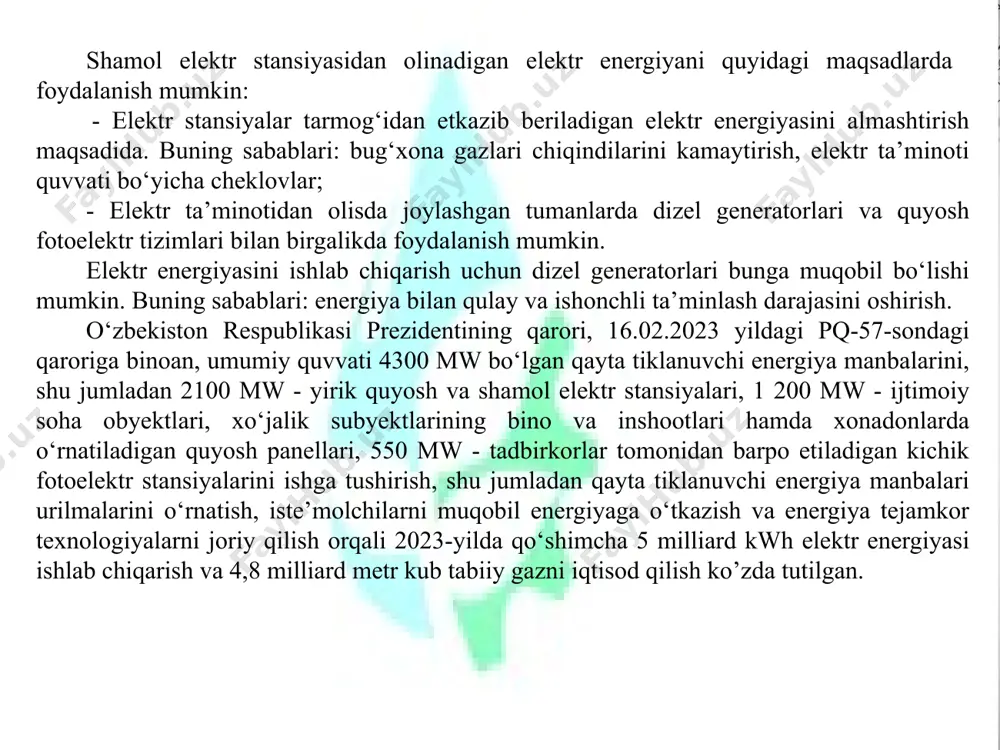 nchi uy edi. blyze o'zining ortiqcha elektr energiyasini qishloqning asosiy ko'chasini yoritish uchun ishlatishni taklif qildi, ammo aholi elektr energiyasini "shaytonning kuchi" deb hisoblab, hech kim rozi bo'lmadi. keyinchalik u ruhiy kasalliklar shifoxonasi, kasalxona va dispanser uchun zaxira quvvat manbai sifatida shamol turbinasi qurdi, ammo ixtiro hech qachon iqtisodiy jihatdan foydali texnologiya sifatida ko'rilmadi. 1-rasm charlz brushning 1888 yildagi shamol tegirmoni elektr energiyasini ishlab chiqarish uchun ishlatilgan. 1800-yillarning oxirida ogayo shtatining klivlend shahrida elektr energiyasi ishlab chiqarish uchun yanada murakkab va kattaroq shamol tegirmoni qurilgan. charlz brush o'n sakkiz metrli minorada shamol turbinasini loyihalashtirdi va qurdi, rotori 17 metr diametrli, 144 ta yog'och parrakdan iborat. bu gigant 12 kvt elektr energiyasi ishlab chiqardi va 1886 yildan beri sodiqlik bilan xizmat qilmoqda. 1900 yilgacha. ular klivlendda issiqlik elektr stansiyasini qurguncha. 20-asrda shamol energetikasining eng jadal rivojlanishi daniyada kuzatilgan. shunday qilib, 1908 yilga kelib, quvvati 5 dan 25 kvt gacha bo'lgan 72 …