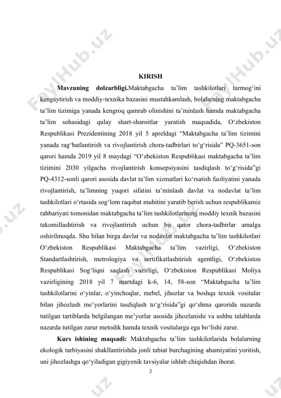 orlarni aniqlash. – turli yoshdagi bolalar uchun jonli tabiat burchagining mazmuni va shakllariga qoʻyiladigan talablarni belgilash. – tarbiyachilarning jonli tabiat burchagidan foydalanish usullari va bolalarda tabiatga nisbatan e’tiborli munosabatni shakllantirishdagi o‘rni. – jonli tabiat burchagini samarali tashkil etish va uni taʼlim-tarbiyaviy jarayonga integratsiyalash boʻyicha amaliy tavsiyalar ishlab chiqish. kurs ishining ob’ekti: : maktabgacha yoshdagi bolalarga ta’lim berishning asosiy shaklini rivojlantirish jarayoni. kurs ishining predmeti: maktabgacha yoshdagi bolalarga ta’lim berishning asosiy shaklini rivojlantirishning mazmuni va shakl metodlari. kurs ishining tuzilishi: kirish, 2 bob, 4 paragraf, xulosa va foydalanilgan adabiyotlar. i.bob maktabgacha taʼlimda jonli tabiat burchagining ahamiyati. 1.1 maktabgacha taʼlim tashkiloti tarbiyalanuvchilarining ekologik tarbiyasida jonli tabiat burchagining oʻrni va roʻli. insoniyat dastlabki bilimlarini bolalik chog‘idan egallashni boshlaydi. bola uch yoshga kirganidan boshlab dunyoni anglay oladi. bu maktabgacha ta’lim yoshi qilib belgilangan. maktabgacha yoshdagi ta’lim va tarbiya muhim. bu davrda bolalarga ta’lim-tarbiya berishda aqliy, axloqiy, jismoniy, iqtosidiy, estetik, mehnat va huquqiy kabi tarbiya …