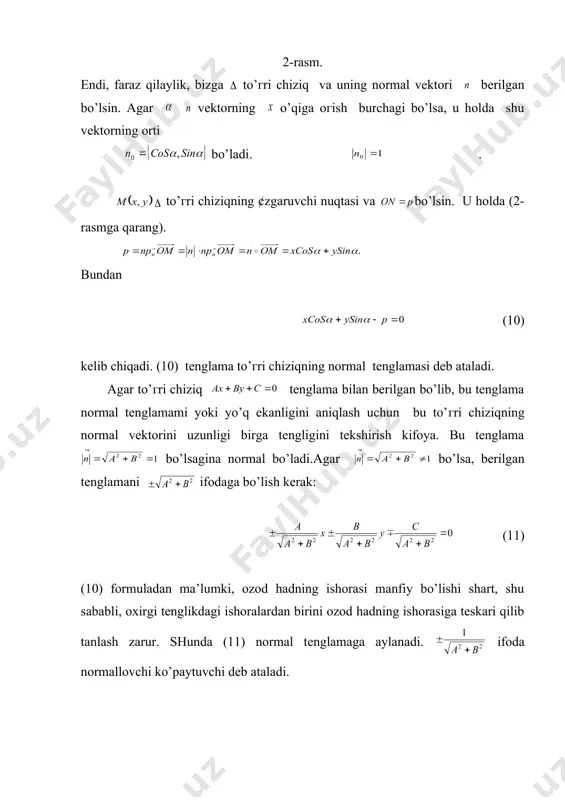 i. to’гri chiziqga doir turli masalalar. 1. ikki to’гri chiziq orasidagi burchak. faraz qilaylik, bizga va to’гri chiziqlar berilgan bo’lsin. ma’lumki, bu erda lar mos ravishda to’гri chiziqlarning o’qiga oгish burchaklaridir. bu burchaklarni tekisligidagi musbat yo’nalish bo’ylab хisoblangan deb tushunamiz. agar > bo’lsa , to’гri chiziqlar orasidagi burchak deb burchakni tushunamiz. u holda (12) (12) dan ko’rinadiki, agar bo’lsa, yoki bo’ladi, ya’ni va to’гri chiziqlar parallel bo’ladi, va aksincha, agar va to’гri chiziqlar parallel bo’lsa, , bundan esa kelib chiqadi. shu sababli, tenglik to’гri chiziqlarning parallellik sharti deb ataladi. agar va to’гri chiziqlar perpendikulyar, ya’ni bo’lsa, u holda (12) dan munosabat kelib chiqadi. bu tenglikni to’гri chiziqlarning perpendikulyarlik sharti deb ataymiz. 2. ikki to’гri chiziq tenglamasini birgalikda tekshirish. faraz qilaylik , bizga ikki va to’гri chiziqlarning tenglamalaridan tuzilgan (13) sistema berilgan bo’lsin. ma’lumki, bu sistema yagona echimga ega bo’lishi uchun bo’lishi zarur va etarlidir. bu esa tengsizlikka ekvivalent. bu holda …