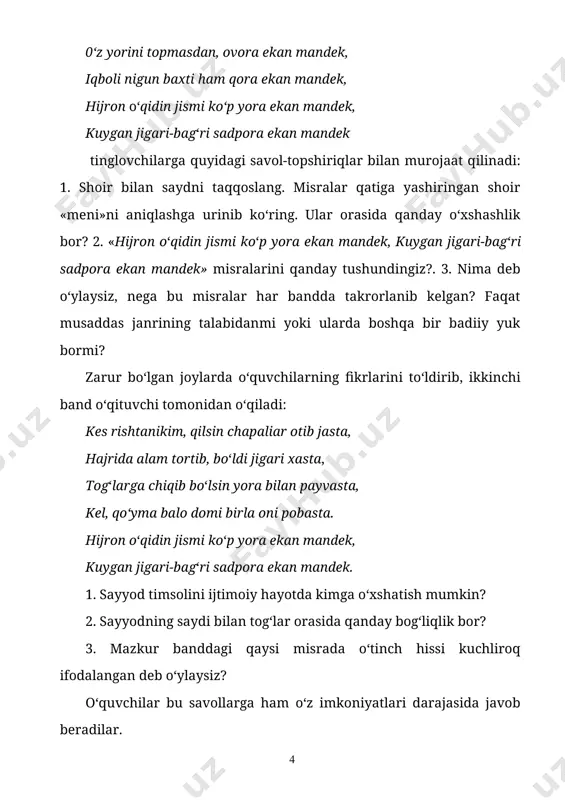 munosabat bildiring. 6. nima deb o‘ylaysiz, sizningcha «sot menga, agar qasding olg‘uvchi so‘rog‘labsan» misrasida yashirin ma’no bormi? yo‘q xushi pari tekkan devonag‘a o‘xshaydur, ko‘z yoshi yana to‘lgan paymonag‘a o‘xshaydur, g‘am seli bilan ko‘ngli vayronag‘a o‘xshaydur, furqatda bu sa’dullo xayronag‘a o‘xshaydur. hijron o‘qidin jismi ko‘p yora ekan mandek, kuygan jigari-bag‘ri sadpora ekan mandek. 1. buncha iztiroblar, o‘tinchlarning sababchisi bo‘lgan sa’dullo kim deb o‘ylaysiz? furqatning sa’dullo bilan qanday aloqasi bo‘lishi mumkin? 3. u furqatning do‘sti bo‘lishi mumkinmi yoki biror afsonaviy qahramonmi? ba’zi o‘quvchilar ohuning musibatli ahvolini tarixiy rivoyat qahramoni sa’dulloga o‘xshatishadi. u butun umrini tog‘larda hayvonlar bilan o‘tkazgan, ohu kabi har xil yovvoyi hayvonlar-u parrandalarga yaxshilik qilgan devona inson timsoli ekanini aytdilar. bir qism o‘quvchilar esa sa’dullo furqatning sodiq do‘sti, shoir ekanligini, uning sayohatlari davomida furqat bilan birgalikda bo‘lganligini, yorkentga ham birga borganligini hamda furqatga ko‘p yaxshiliklar qilgan inson ekanligini aytishadi. dars so‘ngida o‘quvchilardan ovchi va ohuga xos xislatlarni topish so‘raladi. ular …