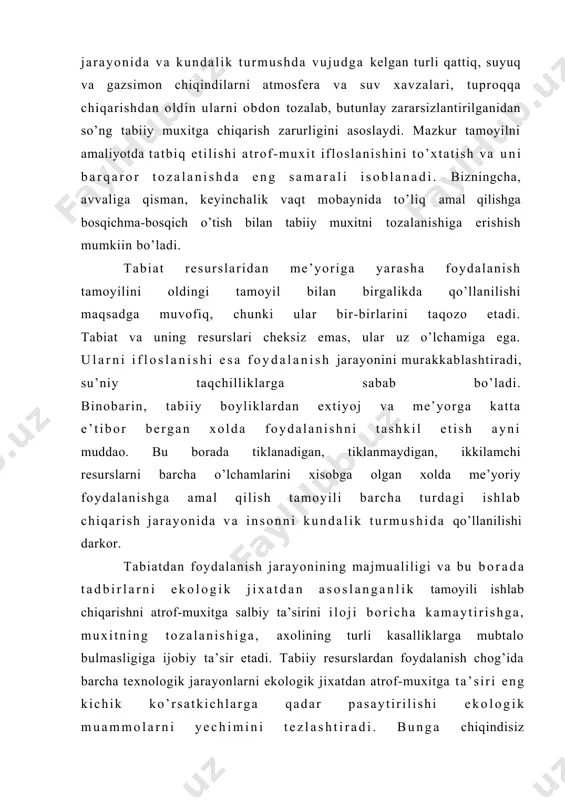 ilan ishlab chiqarish jarayonida vujudga kelgan terrikonlar, ag’darmalar va boshqalarni, maishiy turmushda tarkib topayotgan turli chiqindilarni qayta ishlash bilan atrof muxitni ifloslanishini va yaylovlarni band bo’lishini oldi olinadi. tabiiy resurslardan foylalanishning ustivor yunalishlari. tabiiy boyliklardan foydalanish ma’lum strategiya va taktikaga asoslanishi lozim, chunki ularni ba’zilari tugallanadigan (tiklanmaydigan) guruxlarga oid bo’lsa, qolganlari tugamaydigan va tiklanish xususiyatiga ega. ba’zan tugamaydigan resurslar juda kuchli darajada foydalanishi tufayli ma’lum davrgacha sifatsiz xolga kelishi mumkin. mineral xom ashyolardan foydalanishda ma’lum ilmiy tamoyilga asoslanish o’ta zarur. bu borada majmualilik tamoyili juda xam asqotadi. tabiatda faqat bir elementdan tashkil topgan qazilma boylik kamdan-kam uchraydi, kup xolatlarda 2-3 va undan ko’p, ba’zan 15-20 xil foydali elementlardan tashkil topgan konlar uchraydi. kondan foydalanishda aksariyat kerakli boylik ajratib olingan xolda qolganlari (masalan, sochilma elementlar) ag’darma sifatida terrikonlarda to’plana boradi. bu jarayonda ularni sifati buziladi, isrof bo’ladi, atrof-muxitga zarar keltiradi. ushbu noxush xodisani oldini olish va ko’proq iqtisodiy samara olish maqsadida …