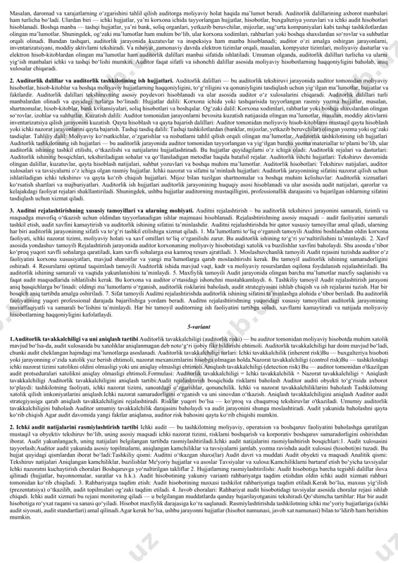 boshqaruv auditi maqsadlari to‘liq va tushunarli tarzda yoritilgan: korporativ boshqaruv auditi maqsadlar 1. boshqaruv tizimining samaradorligini baholash tashkilot ichida qabul qilinayotgan strategik qarorlar, nazorat tizimlari va ijro intizomi qanday ishlayotganini tekshirish. boshqaruv organlari (masalan, kuzatuv kengashi, direktorlar kengashi) o‘z vazifalarini qanchalik samarali bajarayotganini aniqlash. 2. korporativ qonun hujjatlari va ichki siyosatlarga rioya etilishini tekshirish korxona ustavi, ichki tartiblar, etik kodekslar va davlat qonunchiligi talablariga amal qilinayotganligini aniqlash. aksiyadorlar huquqlarining himoyalanishi va tengligi nazorat qilinadi. 3. shaffoflik (transparentlik) darajasini baholash moliyaviy va nomoliyaviy axborotlarning ochiqlik darajasi, ularning manfaatdor tomonlarga (aksiyadorlar, investorlar, jamiyat) yetkazilishi tekshiriladi. yillik hisobotlar, veb-sayt, yig‘ilish bayonnomalari, axborotlar tarqatish kanallari baholanadi. 4. manfaatlar to‘qnashuvining oldini olish tizimini tekshirish rahbariyat yoki direktorlar manfaatlariga xizmat qiluvchi qarorlar qabul qilinmasligi uchun nazorat mexanizmlari mavjudligini aniqlash. insayderlik ma’lumotlaridan foydalanish va korrupsiyaga qarshi choralar mavjudligini baholash. 5. ichki nazorat va xavf-xatarlarni boshqarish tizimini tekshirish tashkilotdagi xavf-xatarlarni aniqlash, baholash va boshqarish mexanizmlari samaradorligi o‘rganiladi. audit …