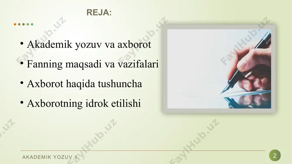 zilishi va uni rasmiy- lashtirishga qo‘yiladigan talablarning mavjudligi; akademik yozuv 1 8 “axborot” so‘zi lotincha informatio so‘zidan kelib chiqqan bo‘lib, ma’lumot, tushuntirish, tanishtirish kabi ma’nolarni anglatadi. axborot tushunchasi antik faylasuflar tomonidan qo‘llanila boshlagan. xx asrda axborot nazariyasi masalalari bilan kibernetika va informatika sohalari shug‘ullana boshlagan. axborot akademik yozuv 1 9 axborot deb inson sezgi organlari orqali qabul qiladigan barcha ma’lumotlarga aytiladi. inson sezish a’zolari, texnikada turli asboblar va hokazolar yordamida qayd etiladigan tashqi dunyo dalillari ma’lumotlar deb ataladi. ma’lumotlar aniq vazifalarni hal etishda zarur va foydali deb topilsa, axborotga aylanadi. axborot deganda atrof-muhitdan (tabiatdan yoki jamiyatdan), sezgi a’zolarimiz (ko‘z, quloq, burun, og‘iz, teri) orqali qabul qilib, anglab oladigan har qanday ma’lumotni tushunamiz. axborot akademik yozuv 1 10 ma’lumotlarning axborotdan farqi nimada? ma’lumotlar - bu ba’zi bir sabablarga ko‘ra ishlatilmaydigan, faqat saqlanadigan narsalar va hodisalarni kuzatish natijalari. ma’lumotlar har qanday amaliy maqsadlarda ishlatila boshlanishi bilanoq, ular ma’lumotga aylanadi. axborot - bu …