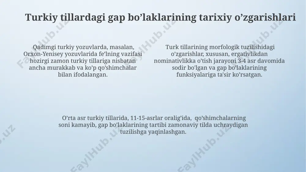 ic weakening after the 13th century. comparative analysis of old turkic and modern turkic languages reveals approximately 10-15% reduction in the number of distinct case markers, reflecting simplification in grammatical structures. turkic languages exhibit at least 3 distinct historical patterns in postpositional case marking, evolving from agglutinative suffixes to more analytic structures over millennia. qadimgi turkiy tillardagi otlarning vositali kelishigi taxminan 7-8 asrga oid yozma yodgorliklarda vositali kelishik qo‘shimchasining variantlarida morfologik almashishlar kuzatilgan, bu o‘sha davr tilining dinamikasini ko‘rsatadi. qadimgi turkiy tillarda vositali kelishik qo‘shimchalari, masalan, -ip, -in, -ik kabi variantlar mavjud bo‘lib, ularning geografik tarqalishi va fonetik o‘zgarishlari turli xil bo‘lgan. vositali kelishik qo‘shimchalari bilan birga, ba’zi qadimgi turkiy tillarda predloglar ham vositali kelishik ma’nosini ifodalashda ishlatilgan, bu esa 2-3 ta turli usulni ko'rsatadi. ravish va ravishdoshlarning tarixiy o’zgarishlari xv-xvi asrlardagi turkiy tillarning ba’zi lahjalarida “ravishdosh”larning fe’l bilan bog’lanish usullari hozirgi zamon tillariga nisbatan sezilarli darajada farq qilar edi. …