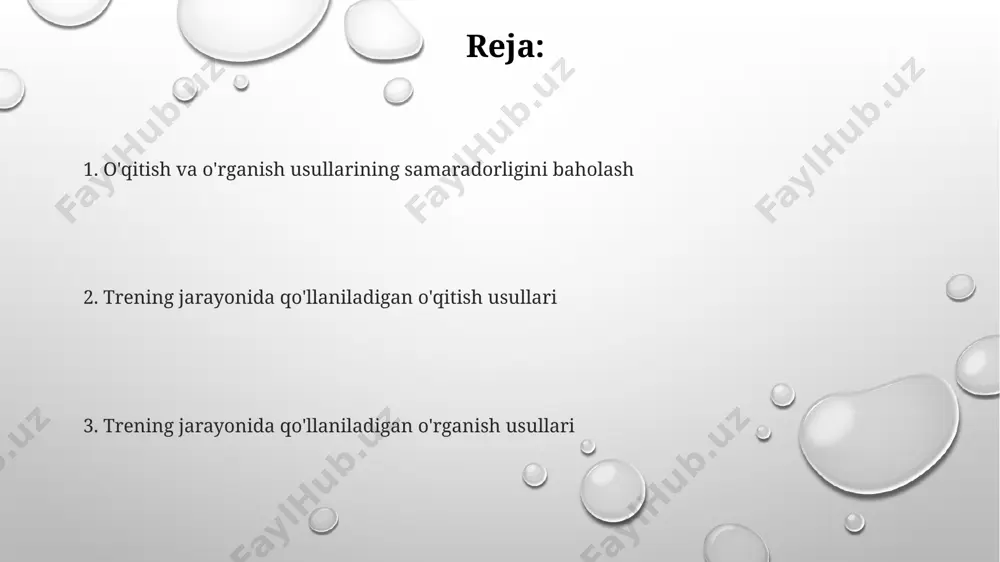 h ko'nikmalari 20% ga yaxshilandi. o'qitish va o'rganish jarayonida qo'llaniladigan usullar o'quv jarayonida 5 dan ortiq o'quvchi bo'lgan guruhlarda, masalan, toshkentdagi 10-sonli maktabda, hamkorlikdagi o'rganish va muammoli vaziyatlarni yechish usullari samarali qo'llanilishi mumkin. interfaol o'yinlar va simulyatsiyalar, masalan, 7-sinf geografiya darslarida samarqand shahri mavzusida, bilimlarni mustahkamlash va mustaqil fikrlashni rivojlantirishda 20% ga ko'proq samara beradi. onlayn platformalardan, jumladan, 3 ta xalqaro resursdan foydalanib, masofaviy o'qitishda individual yondashuvni qo'llash orqali o'quvchilarning 85% muvaffaqiyatli natijalarga erishishi mumkin. o'qituvchining roli va vazifalari o'qituvchining vazifalariga 3 ta o'quv moduli bo'yicha 20 ta topshiriqni tayyorlash, baholash mezonlarini ishlab chiqish va toshkentdagi malaka oshirish kurslarida olingan bilimlarni amaliyotga tatbiq etish kiradi. o'qituvchi samarqanddagi 50 nafar talabaga interaktiv o'quv usullaridan, jumladan, muammoga yondashuv va hamkorlikda o'rganish strategiyasini qo'llagan holda, zamonaviy pedagogik texnologiyalarni samarali qo'llash bo'yicha mas'uldir. o'qituvchi andijon shahridagi 10 ta guruhga taqdimot tayyorlash, o'quv jarayonini 4 bosqichga bo'lish va o'quvchilarning bilim darajasini individual va guruhli baholash …