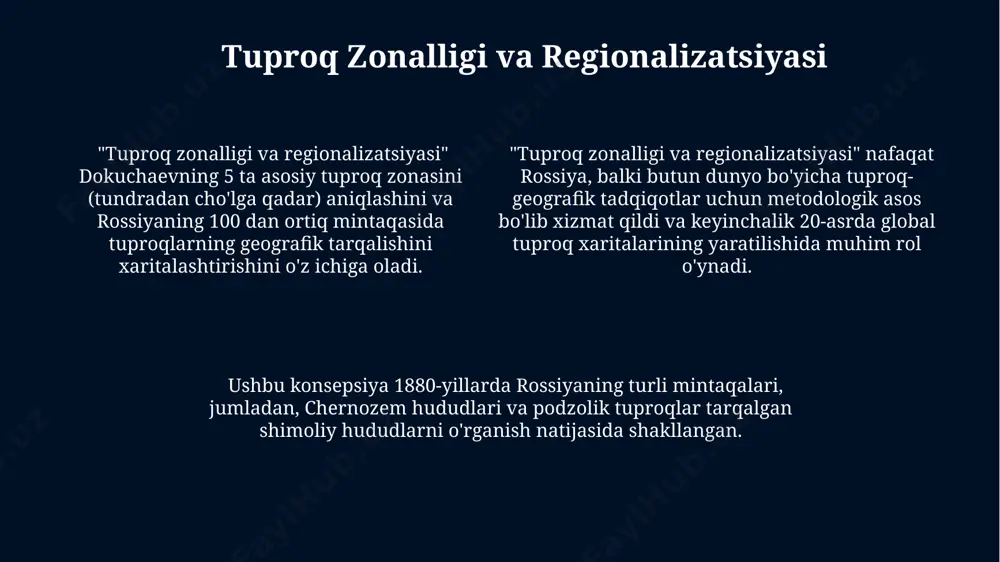 ining shakllanishi, 20-30 sm chuqurlikdagi tuproq namligi bilan bogʻliq boʻlib, bu jarayon yillik yogʻin miqdoriga bogʻliqdir. dokuchaevning kuzatuvlariga koʻra, 100 yildan ortiq davom etgan jarayonlar tuproq profilining 1 metrgacha chuqurlikda shakllanishiga olib kelishi mumkin, bu esa rossiya tekisliklarida aniq kuzatiladi. tuproq profilining shakllanishida 5-10 sm qalinlikdagi oʻtloqi qatlamning rolini rossiyaning qora tuproq zonalarida olib borilgan tadqiqotlar aniq koʻrsatadi. tuproq kartografiyasi va monitoringi tuproq monitoringi natijalari, masalan, qashqadaryo viloyatining 2022 yilgi hosil ma'lumotlari asosida, suv resurslari va oʻgʻitlarning samaradorligini baholashda ishlatiladi. tuproq kartografiyasi va monitoringi oʻzbekistonning 150 000 km² dan ortiq hududini qamrab oladi, bu yerda turli tuproq turlari va ularning unumdorligi xaritalashtiriladi va muntazam kuzatiladi. davlat tuproq resurslari kadastri, 5 yillik davrda yangilanadi, oʻzbekistonning turli ekologik zonalarida 300 dan ortiq tuproq namunalarini tahlil qilish ma'lumotlariga asoslanadi. zamonaviy tuproqshunoslik va dokuchaevning meros dokuchaevning merosini o'rganish, hozirgi kunda o'zbekistonning 150 ming km² dan ortiq maydonini egallagan sariq-qo'ng'ir tuproqlarning hosildorligini oshirish uchun zamonaviy …