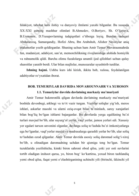 y va boʻstonsaroylar ham aynan shu yerda quriladi. temur noyob qurilishlardan tashqari samarqand atrofida oʻzining xeshu aqrabolariga atab turli goʻzal bogʻlar qurdirardi. temur ulkan sohibqiron sifatida oʻzining ona yurti keshga katta diqqat-e’tibor bilan qaradi. yozma manbalardagi ma’lumotlariga qaraganda, amir temur shahrisabzda oqsaroy, jome’ masjid, madrasalar barpo ettiradi. sohibqirondagi ulugʻ sahovatning yana bir tomoni shunda ediki, u bepoyon dashtlar bilan qamrab olingan turkiston shahrini ham obodonchiligiga keng e’tibor berdi. jumladan, xoja ahmad yassaviy maqbarasini qurish bilan bu yerda nafaqat obodonchilik, balki koʻchmanchi va oʻtroq aholi orasidagi munosabatni yaxshi yoʻlga qoʻyish, urugʻlar oʻrtasida tinchlik saqlash maqsadi yotgani ma’lum. amir temur davrida yangi shaharlar, savdo va hunarmandchilik keng rivojlanganligini aytib oʻtmoq lozim. temurning sa’y-harakatlari bilan buxoro, shahrisabz, toshkent kabi shaharlar savdo va hunarmandchilik markazlari sifatida rivojlanib bordi. shaxsan oʻzining nazorati ostida savdo yoʻllari nazorat qilib borilishi savdo karvonlarining xavfsizligini ta’minladi. amir temur davlatining mafkurasi ijtimoiy-iqtisodiy hayotni izga solib yoʻnaltirishdan tashqari siyosiy hayotda ham …