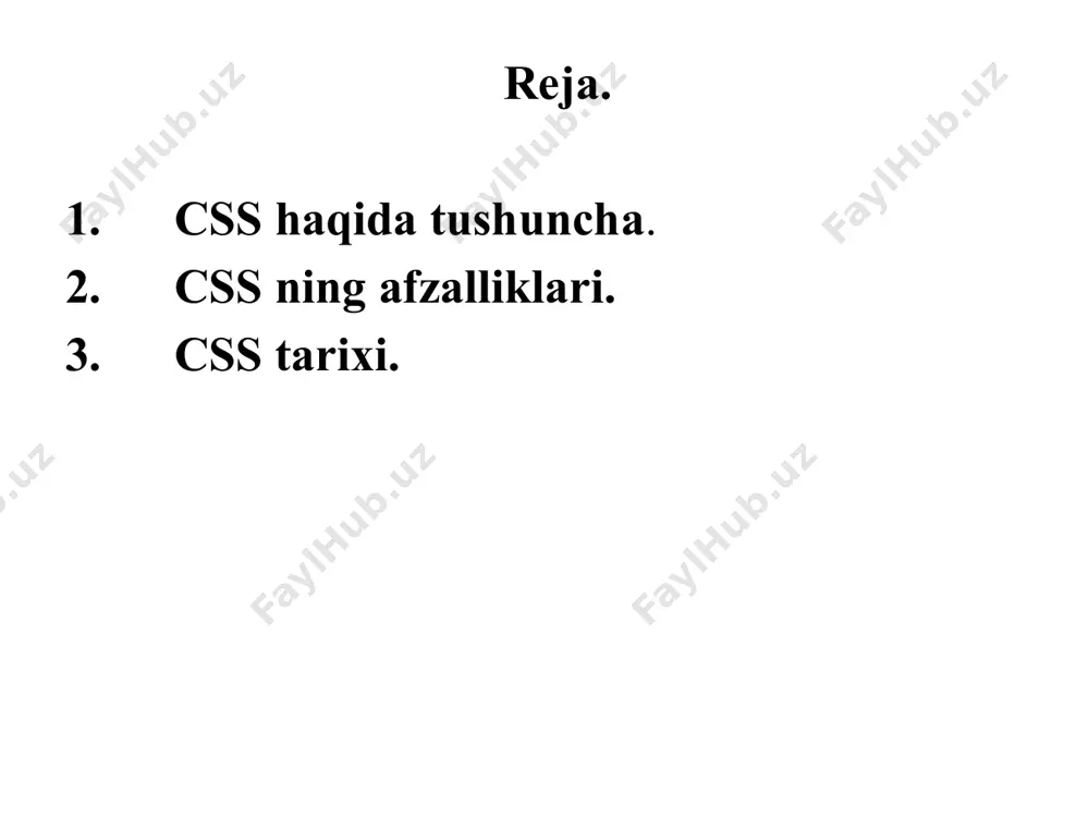 ishlab chiquvchilar uchun yaratilgan veb-sahifalarning ko’rinishini aniqlash uchun ishlab chiqilgan. veb-professionallar veb-sayt kodining mazmuni va tarkibini vizual dizayndan ajratishga imkon berish uchun mo’ljallangan edi. strukturani va uslubni ajratish html-ga asosan, «paydo bo’lishi va his qilish» deb nomlanadigan narsaning dizayni va tartibini tashvishga solmasdan, aslida asosli bo’lgan funktsiyadan ko’proq narsani bajarishga imkon beradi. veb-brauzerlar ushbu tilning asosiy shrift va rang tomonlaridan ko’proq foydalana boshlagach, css 2000 atrofida mashhurlikka erisha olmadi. bugungi kunda barcha zamonaviy brauzerlar css-ning 1-bosqichi, css-ning 2-darajali qismi va hatto css-ning 3-darajali aspektlarini qo’llab-quvvatlaydi. css-ning rivojlanishi va yangi uslublar joriy etilishi davom etar ekan, veb-brauzerlar ushbu brauzerlarda yangi css-ni qo’llab-quvvatlaydigan va veb-dizaynerlar bilan ishlash uchun kuchli yangi uslublar vositalarini beradigan modullarni joriy qila boshladilar. savol va topshiriqlar. css haqida tushunchangiz? 2. css kengaytmasi qanday? 3. css tarixi? 4. css ning afzalliklari: e’tiboringiz uchun rahmat. /docprops/thumbnail.jpeg