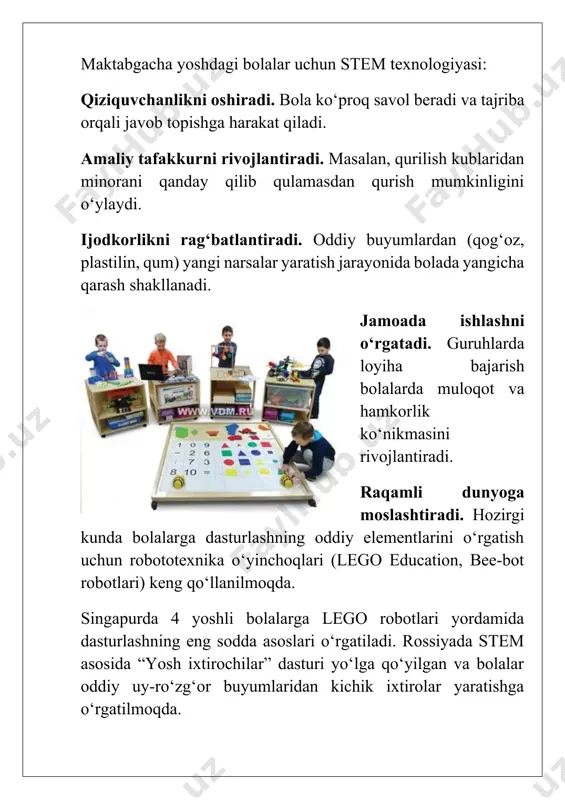 zish jarayonida 80% hollarda o‘z hayoti va kuzatuvlarini aks ettiradi. stem integratsiyasi esa bu jarayonga mantiq va tajribani ham qo‘shib beradi. stem va tasviriy san’atning uyg‘unligi tasviriy faoliyatga stem integratsiyasini quyidagicha tasavvur qilish mumkin: fan (science): bolalar tabiat hodisalarini kuzatib, ularni rasmda ifodalaydi. masalan, yomg‘ir yog‘ishi, quyoshning chiqishi, o‘simliklarning o‘sishini chizish. texnologiya (technology): rasm chizishda yangi texnologiyalar – planshet, interaktiv doska, grafik dasturlar yordamida ijod qilish. muhandislik (engineering): oddiy buyumlardan san’at asarlari yaratish. masalan, qog‘ozdan 3d haykallar, qurilish kublaridan maketlar yasash. matematika (mathematics): geometrik shakllardan foydalanib, turli kompozitsiyalar yaratish. masalan, uchburchaklardan uy, doiralardan gul chizish. misol: bolalarga “kosmos” mavzusida rasm chizish topshiriladi. ular: fan orqali – sayyoralar va yulduzlarning xususiyatlarini o‘rganadi; texnologiya orqali – planshet yoki proyektor yordamida kosmos suratlarini ko‘radi; muhandislik orqali – plastilindan raketa yoki kosmik stansiya yasashadi; matematika orqali – yulduzlarning shakllarini (doira, ellips) aniqlab tasvirlaydi. amaliy mashg‘ulotlar va tajribalar maktabgacha ta’lim tashkilotlarida tasviriy faoliyatni stem bilan …
