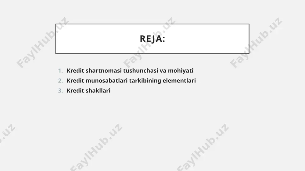 -yil 5-noyabr o’rq-580-son “markaziy bank to’g’risida” 2019-yil 11-noyabr o’rq-582-son iqtisodiy islohotlami yanada chuqurlashtirish, xususiy mulk manfaatlarini himoya qilish vatadbirkorlikni rivojlantirish chora-tadbirlari to‘g‘risida” 1994-yil 21-yanvar pf-745-son o‘zbekiston respublikasi prezidentining “pul-kredit siyosatini yanada rivojlantirish chora-tadbirlari to‘g‘risida”gi qarori kredit munosabatlari shartlari: - qaytarib berishlik; - muddatlilik; - foiz to’lash; - kreditning tovar-moddiy boyliklar bilan ta’minlanganligi; - to’lovlilik; - kreditning maqsadliligi kredit munosabatlari elementlari: kredit obyekti; kredit subyektlari; kredit subyekti kredit munosabati ikki subyekt o’rtasida yuzaga keladi: biri pul egasi, ya’ni qarz beruvchi (kreditor); ikkinchisi pulga muhtoj, ya’ni qarz oluvchi. kreditor sifatidagi subyektlar banklar nobank kredit tashkilotlari kredit uyushmalari bank bank — bank hisobvaraqlarini ochish va yuritish, to‘lovlarni amalga oshirish, omonatlarga (depozitlarga) pul mablag‘larini jalb etish, o‘z nomidan kreditlar berish bo‘yicha bank faoliyati sifatida aniqlangan operatsiyalar majmuini amalga oshiruvchi tijorat tashkiloti bo‘lgan yuridik shaxs. banklar ko’pgina moliyaviy tizimlarning asosiy institutlari hisoblanadi. banklar o’zlarida mavjud bo’lgan pullarni operatsiyalar, ipoteka kreditlari, ta’lim xarajatlari va boshqa har …