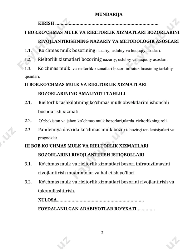 ing mulkka bo’lgan loqayd qarashlarini tubdan o’zgartirish, mulkka egalik qilish, foydalanish va tasarruf etishdagi iqtisodiy va huquqiy savodxonligini oshirishga mustaqilligimizning dastlabki yillaridanoq alohida e’tibor qaratib kelinayotganligini davlatimiz tanlagan bozor iqtisodiyotiga o’tish modeli naqadar oqilona va uzoqni ko’zlagan dastur ekanligini tasdiqladi. hozirgi kunda mulkchilik munosabatlarining o‘zgarishi va xususiy mulkning vujudga kelishi barcha mulk turlari bo’yicha, jumladan ko‘chmas mulk qiymatini baholash faoliyatining rivojlantirish muhim ahamiyat kasb etmoqda. shu bilan birga ko‘chmas mulk bozori va uning qiymatini baholash xizmatlari bozori jadal sur’atlar bilan rivojlanib, ular o‘zaro bog‘liqlikda tobora takomillashib bormoqda. bugungi kunda davlatimiz tomonidan olib borilayotgan islohotlardan ko‘chmas mulk qiymatini baholash, jamiyatda xususiy mulkni rolini oshirish, mulkchilik tizimini yanada rivojlantirish bo’yicha bir qancha me’yoriy-huquqiy baza yaratilib, isloh etib borilmoqda. jumladan o‘zbekiston respublikasi prezidentining “baholash xizmatlari bozorini yanada rivojlantirishning chora-tadbirlarito‘g‘risida” 2018-yil 1-iyundagi pq-3764-sonli qarori yuqoridagi fikrlarimizning isboti sifatida qarashimiz mumkin. ko’chmas mulk bozorining iqtisodiyotdagi o’rni, ahamiyati va rolining mazmun-mohiyati hozirgi kundagi sharoitda to’liqligicha ochib …