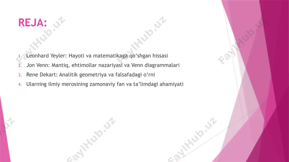 informatika sohalarida keng qo‘llaniladi. uning "the logic of chance" (1866) asarida ehtimollarni chastota asosida tushuntirishga harakat qilgan. 1881 yilda chop etilgan "symbolic logic" asarida venn boole mantiqini rivojlantirib, venn diagrammalarini kengroq yoritgan. uning ishlari mantiqiy fikrlashni rivojlantirishda muhim ahamiyatga ega bo‘lib, bugungi kunda ham o‘quv jarayonlarida keng qo‘llaniladi.biography.com+1en.wikipedia.org+1 venn diagrammalari orqali murakkab mantiqiy munosabatlarni sodda va tushunarli tarzda ifodalash mumkin, bu esa ularning ta’limda samarali vosita bo‘lishiga sabab bo‘lgan. rene dekart: analitik geometriya va falsafadagi o‘rni rene dekart (1596–1650) fransuz matematik, faylasuf va olim bo‘lib, zamonaviy falsafa va matematikaga katta hissa qo‘shgan. uning "men o‘ylayman, demak mavjudman" (cogito, ergo sum) iborasi mashhur.britannica.com+1en.wikipedia.org+1 dekartning "la géométrie" asarida algebra va geometriyani birlashtirib, analitik geometriyani yaratgan. u koordinata tizimini joriy qilib, geometrik shakllarni algebraik tenglamalar bilan ifodalash imkonini bergan. bu yondashuv keyinchalik kalkulus va boshqa matematik sohalarning rivojlanishiga asos bo‘lgan.en.wikipedia.org+1mathshistory.st-andrews.ac.uk+1 falsafada dekart shubha metodini taklif etib, bilimlarni asoslashda aql va mantiqqa tayanishni targ‘ib …