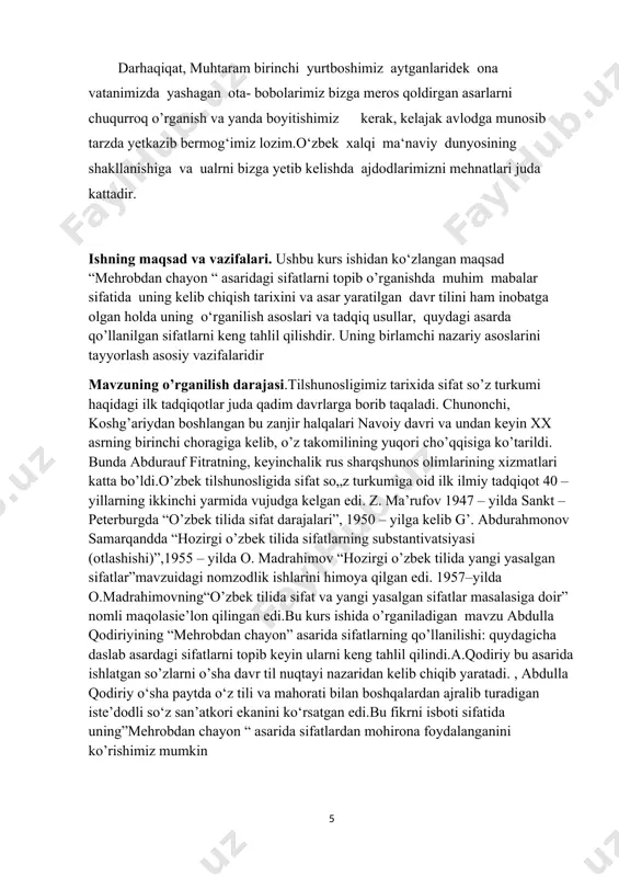 miy tahlil qilinmoqda. mavzuga doir matеriallar ham jamlangan holatda tadqiq qilinmoqda. ishning tuzilishi va hajmi. ushbu kurs ishi kirish, asosiy qism to’rt bandaxulosa va foydalanilgan adabiyotlar ro’yxatidan iborat bo’lib, hajmi betni tashkil i. abdulla qodriyning o’zbek adabiy tili taraqqiyotiga qo’shgan xizmati.abdulla qodiriyning o‘zbek adabiy til taraqqiyotiga qo‘shgan beqiyos xizmatlari yurak-yurakdan e’tirof etishga, adibning mahorati, go‘zal yozg‘ichi - qalamiga tahsin aytishga majburmiz. julqunboy ikki asr va ikki turli tuzum chegarasida yashadi. umri tugab borayotgan “xon zamonlari”, “musulmonobod” bo‘lgan o‘sha zamon odamlari turmushi bilan yangilanayotgan, zamonaviylashayotgan turkiston ahli hayotini qiyosladi. shu bois uning asarlari tilida mumtoz nasr bilan yangi o‘zbek adabiy tilining uyg‘unligi aniq kuzatiladi. eng muhimi, bu poetik til abdulla qodiriy asarlariga, xususan, moziydan so‘z ochgan romanlari mohiyatiga juda mos keladi. sun’iylik sezilmaydi. lozim o‘rinlarda yuqori tabaqaga mansub obrazlar tili yoki farmonlari matnini ham individuallashtiradi.xalq maqollari har qanday millat adabiy tilining fasohat va balog‘atini ko‘rsatadi. o‘rnida qo‘llangan maqol badiiy asarga ko‘rk …