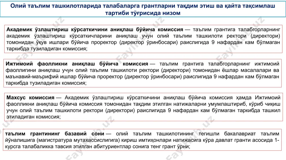 5» сонига бўлиш орқали аниқланади. таълим грантини табақалаштирилган тартибда қайта тақсимлаш тартиби академик ўзлаштириш кўрсаткичини аниқлаш бўйича комиссия ҳамда ижтимоий фаолликни аниқлаш бўйича комиссия томонидан таълим грантига талабгорларни баҳолаш натижалари ҳар йили 1 августга қадар махсус комиссияга тақдим этилади. тақдим этилган маълумотлар асосида махсус комиссия томонидан таълим грантига талабгорларнинг натижалари умумлаштирилиб, уларнинг рўйхати баллар кетма-кетлиги бўйича шакллантирилади. таълим грантига талабгорларнинг энг кўп тўплаши мумкин бўлган максимал балл 100 баллни ташкил этади. белгиланган таълим гранти ўринлари доирасида танлов чегарасида бир хил натижа кўрсатган талабгорларнинг академик ўзлаштириш кўрсаткичига устуворлик берилади. белгиланган таълим гранти ўринлари доирасида танлов чегарасида ҳам, талабгорларнинг академик ўзлаштириш кўрсаткичида ҳам бир хил натижа аниқланган ҳолатда мазкур талабгорлар учун ўзлаштирилган семестрларда ўтилган мутахассислик фанларидан тест синовлари ўтказилади. бунда тест синовларини ўтказиш муддатлари ва тартиби, тест саволлари сони ва баҳолаш мезонлари олий таълим ташкилоти ректори (директори) томонидан белгиланади. таълим грантини табақалаштирилган тартибда қайта тақсимлаш тартиби махсус комиссия муайян ўқув йили учун …