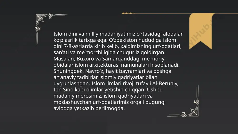 amazon oyining tugashi bilan nishonlanadi va uch kun davom etadi. qurbon hayiti haj ziyoratiga to'g'ri keladi. bu bayramlarda hayit namozi o'qilib, oilaviy yig'ilishlar, moliyaviy yordam, sadaqalar beriladi. o'zbek xalqining an'anaviy qadriyatlari islomiy an'analar bilan uyg'unlashgan. milliy kiyimlar, oziq-ovqat va madaniy tadbirlar bayramlarning muhim qismidir. bayramlar paytida milliy o'yin va qo'shiqlar ham ijro etiladi. 1992-yilda o'zbekiston islom karimov farmoni bilan hayitlarni dam olish kuni sifatida belgiladi. ... t.me/slaydai_bot o'zbek adabiyotida islomiy motivlar asosan diniy mavzulardagi asarlar va tasavvufiy she'riyatda yaqqol ko'rinadi. xx asrda fitrat, abdulla qodiriy, hamza hakimzoda niyoziy kabi adiblar islomiy qadriyatlarni e'tirof etuvchi asarlar yaratdilar. tasavvuf yo'nalishi alisher navoiy, bobur, va mashrab ijodida jiddiy o'rin tutadi. navoiy o'zining "sab'ai sayyor" va "hayrat ul-abror" asarlarida islomiy axloq va falsafani o'z ichiga oladi. 1990-yillar o'zbekiston mustaqillikka erishgach, islomiy adabiyot rivoji yana jonlandi. yangi islomiy adabiyotlar o'qitish va tarbiya mavzulariga e'tiborni qaratmoqda, qur'on va payg'ambar muhammad hayoti keng yoritilmoqda. ... t.me/slaydai_bot xalq …