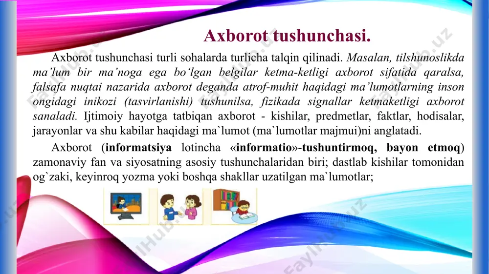 yon etmoq asosiy menyu муаллиф: ашуров жасур джураевич 13 2 diqqat! savol ma’lumot – bu …? to‘g‘ri javob: ayni vaqtda foydalanilmayongan, saqlab qo‘yilgan axborotdir asosiy menyu муаллиф: ашуров жасур джураевич 14 3 diqqat! savol axborotning eng kichik o'lchov birligi …? to‘g‘ri javob: bit (bit) - inglizcha “binary digit” so'zlarining qisqartmasi, ikkilik raqam degan ma'noni anglatadi. asosiy menyu муаллиф: ашуров жасур джураевич 15 4 diqqat! savol bir bayt necha bitga teng? to‘g‘ri javob: 8 bit = 1 bayt asosiy menyu муаллиф: ашуров жасур джураевич 16 5 diqqat! savol sun`iy ob`ektlarni yaratishga yunaltirilgan jarayonlarni boshqarishdir. bu … to‘g‘ri javob: texnologiya asosiy menyu муаллиф: ашуров жасур джураевич 0 5 10 15 20 25 30 17 6 diqqat! savol axborot texnologiyasi — bu…? to‘g‘ri javob: biror obyekt holati haqidagi yangi sifatli axborotga ega bolish uchun, birlamchi axborotni, qayta ishlash va ishlab chiqarish, yigish, foidalanish jarayoniga aytiladi. asosiy menyu муаллиф: ашуров жасур джураевич 18 7 …
