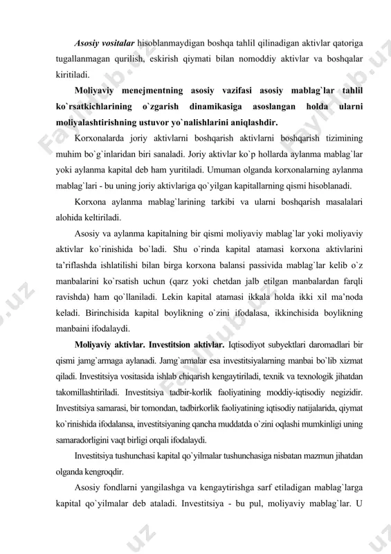 pital qo`yilmalar tushunchasiga nisbatan mazmun jihatdan olganda kengroqdir. asosiy fondlarni yangilashga va kengaytirishga sarf etiladigan mablag`larga kapital qo`yilmalar deb ataladi. investitsiya - bu pul, moliyaviy mablag`lar. u orqali materiallar, mehnat resurslari va real kapital ishlab chiqarishni kengaytirish, modernizatsiya va rekonstruksiyalashga yo`naltiriladi. investitsiya qo`yish obyektlari kapital qo`yilmalar obyektlariga nisbatan ancha kengroqdir. kapital qo`yilmalar obyektiga asosiy fondlar kirsa, investitsiya obyektlariga aylanma mablag`lar, aksiya, obligatsiya va boshqa moliyaviy obyektlar, shuningdek‚ mulklardan foydalanish va egalik qilish huquqlari, ilmiy-texnika mahsulotlari, nou-xau, kadrlar tayyorlash va boshqalar ham kiradi. investitsiyalar, qo`yiladigan obyektlarga qarab, real, moliyaviy va intellektual investitsiya larga bo`linadi. asosiy fondlar va aylanma mablag`larga investorlar qo`yadigan barcha turdagi mablag`lar real investitsiya deb ataladi. hozir respublikamiz milliy iqtisodiyotini tarkibiy qayta ko`rish uchun yangi texnika, texnologiya va katta hajmdagi qurilish ishlarini amalga oshirish zarurligi sababli real investitsiyalarga ehtiyoji juda kattadir. bu ehtiyojni qondirishning asosiy yo`nalishlaridan biri korxonalar investitsion faoliyatini rag`batlantirish hisoblanadi. aksiya, obligatsiya va boshqa turdagi qimmatli qog`ozlarga …