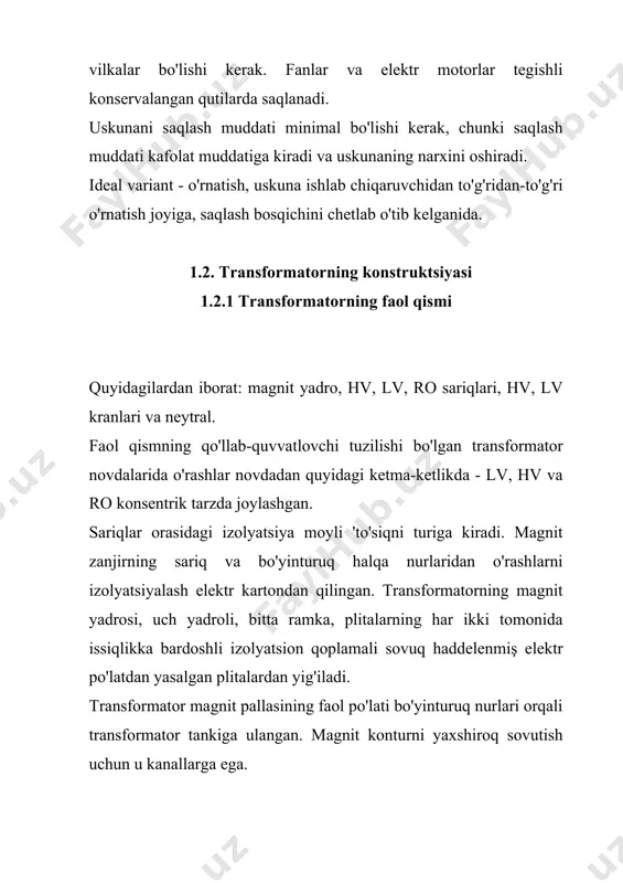 rlarining pastki troyniklarida tankning pastki qismiga payvandlangan tenonlar uchun teshiklar yoki kesiklar mavjud. transformator sariqlari kabel qog'ozi bilan izolyatsiya qilingan mis yoki alyuminiy simdan qilingan. sariqlar silindrsimon shaklga ega va magnit yadroda konsentrik joylashgan. sarg'ishlarning burilishlari yoki bobinlari (bo'limlari) orasiga o'rnatilgan elektr kartondan yasalgan bo'shliqlar gorizontal moyli 'kanallarini hosil qiladi. asosiy izolyatsiya - bu moyli 'to'siqni turi, ya'ni. sarg'ishlar orasidagi izolyatsiya, shuningdek, tuproqli qismlar va musluklardan sarg'ishlarning izolyatsiyasi, moyli 'bo'shliqlarining izolyatsion tsilindrlar bilan almashinishi hisoblanadi. silindrlar va yuvish vositalari o'rtasida vertikal moyli 'kanallarini tashkil etuvchi oraliq elektr kartonli chiziqlar va qistirmalari joylashtiriladi. moyli 'kanallari moyli'ning yaxshi aylanishiga, o'rash va magnit konturni sovutishga yordam beradi. sariqlarni eksenel bosish bosim halqalari va bosish vintlari yordamida amalga oshiriladi. bosim vintlari yuqori bo'yinturuq nurlarining pastki gardishlarida joylashgan. 1.2.2 o'rnatish o'rnatishni boshlashdan oldin siz asbob-uskunalar va qurilmalarning dizayni, o'rnatilayotgan uskunaning texnik xususiyatlari, chizmalar va zavod qoidalari, mijozlar talablari, shuningdek standartlar va qoidalar bilan tanishishingiz kerak. …