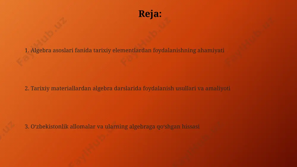 yon etish usullarini ishlab chiqdi, bu esa kompyuter fanining rivojiga ta'sir ko'rsatdi. matematika darslarida tarixiy materiallardan foydalanish usullari nasriddin tusiy ko'paytirishni ikki son orqali, birini koʻpayuvchi ("mazrub"), ikkinchisini koʻpaytiruvchi ("magzub") deb atagan; 3x4=3+3+3+3=12 misoli bilan tushuntiriladi. xorazmiyning algebraik risolasidagi merosxo'rlar orasida mulk taqsimlash masalalari, masalan, 1/3, 1/4 kabi kasrlarni qo'llash bilan 2 ta misol orqali o'rgatilishi mumkin. o'quvchilarning tarixiy ongini shakllantirish 12-asrda yashagan ulug' olim va mutafakkirlardan biri abu rayhon beruniyning matematikaga oid ishlari, trigonometriya va sferik trigonometriyadagi kashfiyotlari haqida o'quvchilarga ma'lumot berish orqali tarixiy bilim va onglarini rivojlantirish mumkin. matematika darslarida tarixiy materiallardan foydalanib, o'quvchilarga 0 raqami va o'nlik sanoq tizimining kashf etilishi tarixi, shuningdek, algoritmlashtirish nazariyasi haqida 3-4 ta fakt taqdim etib, ularning tarixiy ongini boyitish mumkin. boshlang'ich sinflarda algebra asoslarini o'rgatishda tarixiy materiallardan foydalanish al-xorazmiyning "kitob muxtasar min hisob al-jabr val-muqobala" asari algebra fanining asosini tashkil etgan bo'lib, 8-9 asrlarda yozilgan va undan boshlang'ich sinflarda algebra asoslarini …