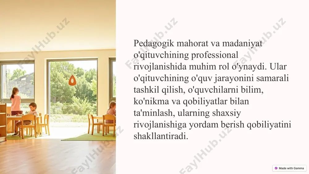 osabatda bo‘lishularningkayfiyatini his etish, psixologiyasini tushunish ko‘nikmalarda namoyon bo‘ladi. 2. o‘qituvchi pedagogik madaniyatini tarkib toptirish, professionallashtirish. pedagogik mahorat – bu rivojlangan psixologik – pedagogik tafakkur, pedagogik bilimlar, ko‘nikmalar, malakalar va hissiy irodaviy ifodalangan vositalar tizimi pedagogik madaniyatning muhim komponentlardan biri pedagogik mahoratdir. pedagogik mahoratni rivojlantirish uchun o‘qituvchilar o‘zlarining bilim va ko‘nikmalarini doimiy ravishda takomillashtirib borishlari kerak. dars berish uslublari o‘quvchilar bilan muloqot qilish o‘quv materiallarini taqdim etish baholash va tekshirish usullari pedagogik mahoratni rivojlantirish usullari. pedagogik texnika bu o‘qituvchi uchun zarur bo‘lgan bilim, ko‘nikma va malakalar metod va vositalar majmui bo‘lib ular yordamida alohida o‘quvchi va butun jamoaga samarali pedagogik ta’sir ko‘rsatish pedagogik ijodkorlik pedagogik jarayonda har doim yangi va asoslangan ta’lim–tarbiyaningturli metod va shakllarni qo‘llay olish, kasbiy bilim va shaxsiy sifatlarda namoyon bo‘ladi. pedagogik optimizm bu o‘z kuchi va qobiliyatiga ishonish va o‘quvchilarningqobiliyatlarihamda imkoniyatlariga, yuqori o‘quv va kasbiy natijalariga erishishga ishonish. pedagogik mahorat va madaniyat o'rtasidagi o'zaro bog'liqlik mahorat …