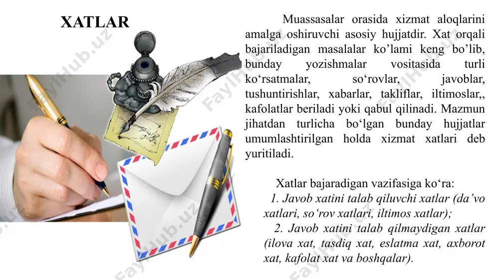 azib berish uchun tegishli nusxada buyurtmalarni yetkazib berish uchun tegishli nusxada buyurtmalar qabul: qilinadi. ulgurji xaridorlarga darsliklarni sotib olishda chegirma beriladi. axborot xati da’vo xati ma’lum bir muassasaning boshqa bir idora yoki transport tashkilotlarga nisbatan talab va e’tirozlari bayon qilingan xatlar – da’vo xatlari (reklamatsiya) yoki da’vonomalar deb yuritiladi. da’vo xatlari tovar yetkazib berish, qurilish ishlari, ijara, yuk tashish va shu kabi bir qancha ishlar bo‘yicha tuzilgan shartnomalar bajarilmay qolganda, o‘z qonuniy huquqlarini va manfaatlarini himoya qilish maqsadida tuzilgan. 1. da’vo qiluvchi muassasa nomi va manzili. 2. xatning yozilish sanasi va tartib raqami 3. da’voni qabul qiluvchi muassasa nomi va manzili 4. da’vo bahosi 5. xat matni. 6. ilovalar ro‘yxati (sahifalar soni ko‘rsatilgan holda) 7. mansabdor shaxslarning imzosi da’vo xatlarining asosiy zaruriy qismlari quydagilardan iborat: xatni qabul qilib oluvchilarni jo‘natiladigan hujjatlar haqida yozma xabardor qiluvchi qisqacha xabar hujjatdir. ilova xat iltimos xati muassasalar ma’lum bir ishni amalga oshirish yoki tugatish …