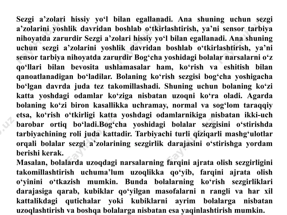 sezgisining ham roli juda kattadir bolalarning eshitish a’zolari anatomik jihatdan katta odamlarnikiga nisbatan birmuncha nozik va zaif bo‘ladi. ayrim bolalarning ko‘rish sezgilari zaifroq bo‘lgani singari boshqa bir bolalarning eshitish sezgilari zaifroq bo‘lishi mumkin. tarbiyachi bog‘cha yoshidagi bolalar eshitish sezgilari sezgirligini tekshitib ko‘rishi kerak. yaxshi eshitmaydigan bolalar odatda anqov va hadiksiraydigan bo‘ladilar. bunday bolalar «kar», «karquloq», «anqov» degan laqab olishdan qo‘rqib, o‘zlarining ayblarini hech kimga, hatto tarbiyachiga ham bildirmaslikka tirishadilar. eshitish sezgisi zaif bo‘lgan bolalar nutqi o‘zlashtirishdan orqada qoladi. bu esa ularning umuman psixik taraqqiyotdan orqada qolishlariga olib kelishi mumkin.tarbiyachi eshitish sezgisi zaif bo‘lgan bolalarni aniqlab olgandan so‘ng ularga nisbatan individual munosabatda bo‘lishi kerak. bunday bolalarni hikoya o‘qib berish yoki suhbatlashish kabi mashg‘ulotlarda eng oldingi qatorga o‘tkazish lozim. bundan tashqari, eshitish sezgisi zaif bolalar ayrim narsalarni qayta-qayta so‘raganlarida ularni jerkib tashlamay, osoyishtalik bilan aniq javob berish lozim bog‘cha yoshidagi bolalar umuman ta’mni emas, balki ta’mning barcha turlarini deyarli ajrata oladilar. hidlarga …