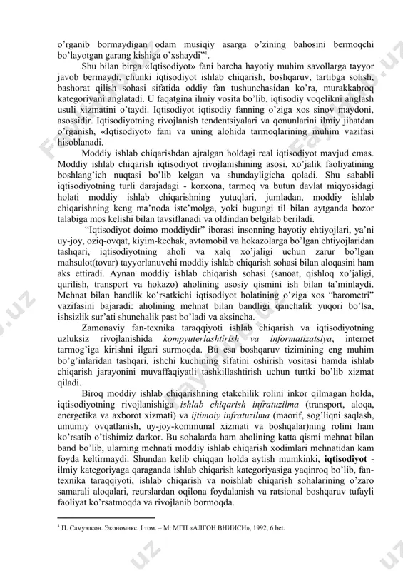 q xo’jaligi, qurilish, transport va hokazo), funktsional («mehnat sotsiologiyasi va iqtisodiyoti», «iqtisodiy statistika», «moliya va kredit», «bahoni shakllantirish» va hokazo) kabi turli fan («iqtisodiy geografiya», «demografiya», «iqtisodiyot tarixi» va boshqalar) tarmoqlari tizimi kiradi. «iqtisodiyot» fanining bu va boshqa yo’nalishlarida chuqur bilimga ega bo’lish insonlarning ijtimoiy faolligini oshirish, oqilona xo’jalik yuritish, kadrlarni yangi iqtisodiy fikrlash ruhida tarbiyalashga katta turtki bo’ladi. «iqtisodiyot» fanining, jumladan, yuqorida sanab o’tilgan yo’nalishlarning metodologik asosi, ularning poydevori bo’lib iqtisodiy nazariya xizmat qiladi. u real voqelik bilan bog’liq bo’lish baroabrida davlatning iqtisodiy siyosatini, uning kuchli va kuchsiz tomonlarini, shuningdek, iqtisodiy taraqqiyotga erishish mumkin bo’lgan yo’llarni mos keluvchi bosqichlarida aks ettiradi. bu maqsadda «iqtisodiyot» fani statistik kuzatuv, gipotezalarni ilgari surish va tekshirish, tahlil va sintez, induktsiya va deduktsiya, iqtisodiy jarayonlarni modellashtirish, tajriba (eksperiment)lar o’tkazish kabi bir qator voqelikni anglash usul va uslublarini ishlab chiqqan va ulardan muvaffaqiyatli ravishda foydalanadi. aytish joizki, bu usullar nafaqat iqtisodiy, balki predmeti va tavsifiga …