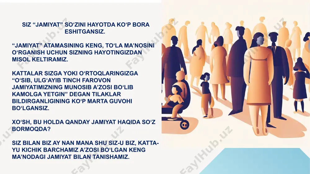 da faqat o'rgatish, o'qitish, ta ’kidlash bilangina emas, barcha narsalarda katta yoshdagilarni kichik yoshlar uchun o'rnak ko'rsatishi orqali olib boriladi. 6 bola yoshlik davrida oilada olgan taʼlim – tarbiyasini butun umri davomida saqlab qoladi. ota-onalar hech qachon tarbiya jarayonida, ayniqsa katta bo‘la boshlagan bolani o‘z holiga tashlab qo‘ymasligi kerak. bola oilada birinchi hayotiy tajribani o‘rganadi, kuzatadi ва o‘zini turli xil vaziyatlarda qanday tutish kerakligini o‘rganadi. 8 mahalla ming yillar davomida shakllangan, xalqimizning o‘ziga xos qiyofasini ko‘rsatib turadigan noyob ijtimoiy tuzilma. bir-biriga mehr-oqibat ko‘rsatib yashash, yaxshi ва yomon kunlarda birga yelkadosh bo‘lish singari insonga xos fazilatlar aynan mahallada tarkib topadi. sh.mirziyoyev 9 o‘zbek xalqida azal-azaldan shakllanib kelgan, hayotimizda chuqur o‘rin egallab, oliy qadriyatlar darajasida e’tirof etiluvchi ijtimoiy institutlar sifatida mahalla va oila alohida ajralib turadi. mahalla” so‘zi arabcha “mahallun” so‘zidan olingan bo‘lib “joy”, “hudud” maʼnolarini bildiradi. 10 jamoat birlashmasi siyosiy partiyalar, ommaviy harakatlar, kasaba uyushmalari, xotin-qizlar, yoshlar va bolalar tashkilotlari, veteranlar …