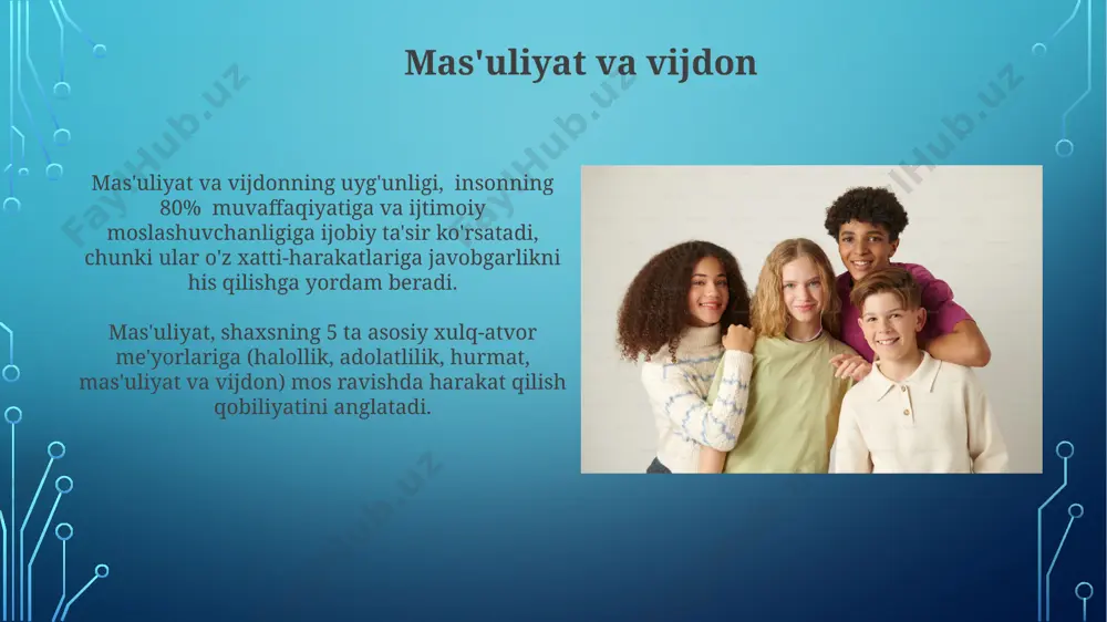 urur hissi bilan bog'liq bo'lib, shaxsning o'z vataniga bo'lgan 3 ta asosiy sadoqat ko'rinishini – ijtimoiy, siyosiy va madaniy – o'z ichiga oladi. kamtarlik va odoblilik kamtarlik, 5 yoshdan 12 yoshgacha bo'lgan bolalarda o'z-o'zini baholash va ijtimoiy munosabatlarni shakllantirishda muhim rol o'ynaydi, bu esa ularning odob-axloqini belgilaydi. odoblilikning 7 ta asosiy tamoyilidan biri bo'lgan hurmat, kamtarlik bilan chambarchas bog'liq bo'lib, o'zaro munosabatlardagi muvozanat va xushmuomalalikni ta'minlaydi. haqiqatparvarlik va rostgo'ylik rostgo'ylik, 10 ta ijobiy xislatlardan biri sifatida, insonning o'ziga va jamiyatga bo'lgan ishonchini mustahkamlaydi, shaxsiy rivojlanishga 50% hissa qo'shadi. haqiqatparvarlik va rostgo'ylikning etishmasligi 10 dan ortiq salbiy oqibatlarga, jumladan, ishonchsizlik va ijtimoiy izolyatsiyaga olib kelishi mumkin. do'stlik va sadoqat do'stlik va sadoqatga asoslangan 10 tadan ortiq xalq ertaklari va hikoyalar mavjud bo'lib, bu qadriyatlarning ahamiyatini ta'kidlaydi. do'stlik va sadoqat insonning 5 ta asosiy fazilatidan biri hisoblanadi, ularning 3 tasi o'zaro bog'liq bo'lib, oilaviy va jamoatdagi munosabatlarni mustahkamlaydi. kelajak uchun axloqiy asoslar …
