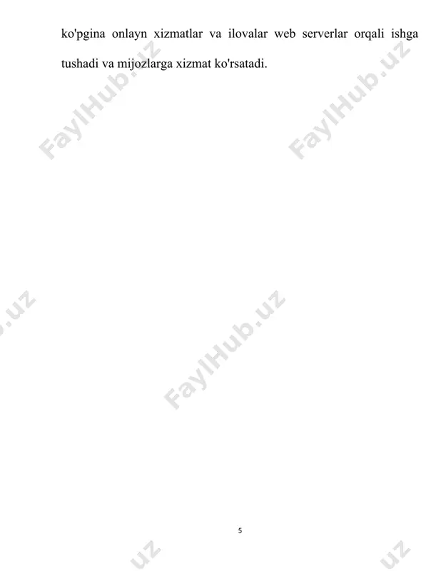 h uchun virtual xostlarni sozlash mumkin. har bir sayt uchun alohida konfiguratsiya faylini yaratish kerak. misol: modullarni faollashtirish: apache serverida kerakli funksiyalarni ta’minlash uchun modullarni faollashtirish kerak. masalan, ssl moduli: qo‘shimcha konfiguratsiyalar · log fayllarini boshqarish: web serverlar ishlashi davomida log fayllarini saqlaydi. apache va nginx’da log fayllarni boshqarish uchun konfiguratsiyalarni o‘zgartirish mumkin. · monitoring va resurslardan foydalanishni kuzatish: web serverlarning ishlashini kuzatish uchun turli monitoring vositalari o‘rnatilishi va sozlanishi mumkin (masalan, grafana, prometheus). web serverlarni o‘rnatish va konfiguratsiya qilishni to‘g‘ri amalga oshirish uning samaradorligi, xavfsizligi va ishlashini ta’minlaydi. apache va nginx web serverlarida konfiguratsiyalarni sozlash har xil bo‘lsa-da, ularning asosiy tamoyillari o‘xshash: mijozdan keladigan so‘rovlarni qabul qilish, qayta ishlash va tegishli javobni qaytarish. 3. web server xavfsizligi, yangilash va texnik xizmat ko‘rsatish web serverlar internetga ulanganligi sababli, doimiy ravishda turli hujumlarga duch kelishi mumkin. xavfsizlik choralarini ko‘rish va muntazam texnik xizmat ko‘rsatish web serverlarning samarali va xavfsiz ishlashini ta’minlashning …