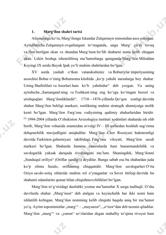 q bo‘ldilar. olib borilgan izlanishlar davomida o‘zbekiston hududidagi tarixiy-madaniy o‘lkalarda urbanizatsiya jarayonlari qadimiy sharqdagi ilk tsivilizatsiya o‘choqlari bilan nisbatan ma’lum bir vaqtda yuz berganligi va taraqqiy qilganligi aniqlandi. shu bilan birga o‘zbekistondagi tarixiy-madaniy o‘lkalarda yuz bergan urbanizatsiya jarayonlari qadimiy sharq madaniyati bilan ko‘pgina umumiylik topsa da, bu jarayon hududdagi iqtisodiy-ijtimoiy va madaniy hayotning o‘ziga hosligidan kelib chiqqan holda rivojlanganligi kuzatildi. mana shunday o‘ziga xos yo‘l bilan rivojlangan tarixiy-madaniy o‘lkalardan biri - qadimiy farg‘onadir. qadimdan xalqimiz farg‘onani o‘rta osiyoning marvaridi deb atashi bejiz emas. bu o‘lka o‘zining geopolitik o‘rni bilan o‘rta osiyodagina emas, balki umumjahon tarixining siyosiy, iqtisodiy va madaniy hayotida ham alohida o‘rin egallaydi. farg‘ona vodiysi sharqni g‘arb bilan bog‘lovchi muhim strategik va savdo yo‘llari yo‘nalishida joylashganligi unga alohida mazmun kasb etadi. qadim va o‘rta asrlarda buyuk ipak yo‘lining asosiy yo‘nalishlari ham aynan farg‘ona orqali o‘tgan. farg‘ona ilk bor xitoy yilnomalarida dovon, baxan, ninьyuan va palona kabi nomlar bilan qayd …
