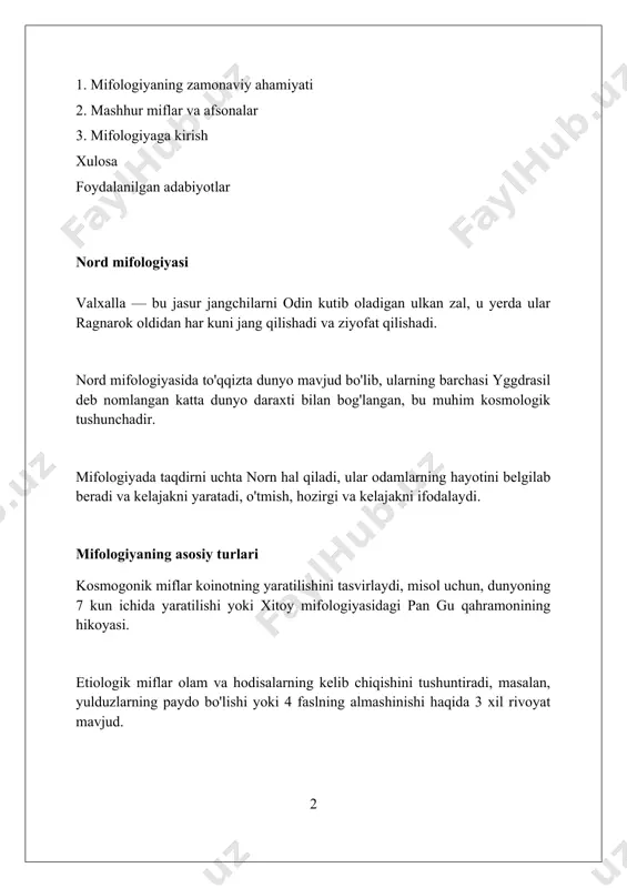 arning roli muhim ahamiyatga ega. mifologiya - bu xalq og'zaki ijodining bir turi bo'lib, olamning kelib chiqishi, xudolar va qahramonlar haqidagi 12 ta asosiy afsonalarni o'z ichiga oladi. mifologiyaning tadqiqoti turli xalqlarning madaniy merosini tushunishga yordam beradi, ularning e'tiqodlari va urf-odatlari haqida 10 ta ma'lumot beradi. amerika qit'asi mifologiyasi inka mifologiyasida quyosh xudosi inti va yer onasi pachamama kabi 12 ta asosiy xudolar bor edi, ular imperiya hayotida muhim ahamiyatga ega bo'lgan. shimoliy amerika tub aholisi mifologiyasida hayvon ruhlari (animal spirits) va ularning 7 ta yo'nalishdagi ta'siri dunyoni tushunish va tartibga solishda katta ahamiyatga ega edi. amerika qit'asi mifologiyasida yaratuvchi xudolar muhim rol o'ynaydi, masalan, ketsalkoatl, markaziy amerikada madaniyat qahramoni va asoschisi sifatida e'tirof etiladi. xitoy mifologiyasi xitoy mifologiyasida “nian” nomli afsonaviy maxluq har bahorda paydo bo‘lib, qishloqlarga hujum qiladi; odamlar uni qizil rangdan, baland ovozdan va yorug‘likdan qo‘rqitish orqali qaytarishga harakat qilishadi. xitoy mifologiyasida “oq ilon” afsonasi mashhur bo‘lib, …