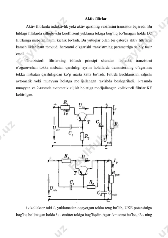 arda bu o’zgarish o’z-o’zidan bartaraf etiladi, ya’ni chiqishdagi o’zgarish ta’siri manfiy teskari bog’lanish orqali amalga oshadi ( kirishga ta’sir o’tkazadi), ammo siliqlash koeffitsiyenti kamayadi. sxemadagi sig’im esa pulsatsiyani yana ham kamaytirish uchun ishlatiladi. tranzistorli emitterli filtrlarning 1-rasmda bir zvenoligi, 2-rasmda ikki zvenoligi keltirilgan va ular kf tranzistorli filtrlarga nisbatan quyidagi yutuqlarga ega: kirish qarshiligi kam (1 ω dan kam); avtomatik siljitish holati bazada ishlatilganda muhit haroratining o’zgarishi sxemaga o’z ta’sirini o’tkazmaydi[5]. bu filtrlarda kf filtrlarga nisbatan kondensator olib tashlangan, bu esa aytarlik oshirmaydi. qarshilikning fik ning oshirishga olib keladi. yuklamaning tranzistor bilan parallel ulangan turi kuchlanishli va ko’p tokli sxemalarda filtr sifatida ishlatiladi. bu filtrlarda yuklamaga parallel ulangan tranzistor lc filtrlardagi c bilan ketma-ket ulangan. bu filtrlar chiqishdagi kuchlanish orqali bosh qariladi. shuning uchun uning xarakteristikasi tashqi muhit ta’siriga kam beriluvchandir. tekislovchi filtrlar to’g’rilangan tok yoki kuchlanish amplitudasining pulslanishi ular spektrida o’zgarmas tashkil etuvchi bilan bir qatorda chastotaga ega bo’lgan …