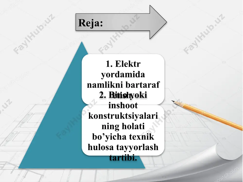 llaniladi. elektrodlardagi kuchlanish 65100 v atrofida bo’lishi lozim. devorlarni elektr bilan isitish 3-4 sutka davom etadi. bunda isitish rejimiga rioya qilishi kerak. darzlar hosil bo’lishini oldini olish uchun devordagi haroratning ko’tarilishi saotiga 60s dan oshmasligi, quritish davridagi eng yuqori harorat esa 600s dan oshmasligi lozim. agar ho’l devorda qisqa tutashuv orqali potentsiallar ayirmasi naytrallansa, u holda konstruktsiyadagi elektroosmotik ta’sir to’xtaydi va namlik siljishdan to’xtaydi; agar devor va poydevor orasidagi tabiiy qutblanish devorning yuqori qismiga tok yuborish orqali o’zgartirilsa, u holda namlik teskari yo’nalish bo’ylab harakatlana boshlaydi, ya’ni pastga qarab siljiydi, buning natijasida konsturktsiya qurishga boshlaydi. elektr toki bu yerda o’ziga konstruktsiya qurishga boshlaydi. elektr toki bu yerda o’ziga xos so’ruvchi - haydovchi nasos rolini bajaradi: anod suvni haydaydigan bo’lsa, katod esa so’ruvchi vazifasini bajaradi. elektroosmotik quritish usuli sust va faol bo’lishi mumkin; o’z navbatida, faol quritish qo’yilma tok yoki galьvanoosmos yordamida amalga oshirilishi mumkin. rejali - ogohlantiruvchi ta’mirlashlarni o’tkazish muddatlari …