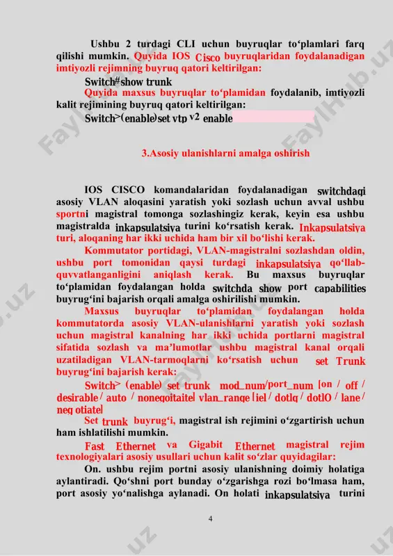hlatilishi mumkin. fast ethernet va gigabit ethernet magistral rejim texnologiyalari asosiy usullari uchun kalit soʻzlar quyidagilar: on. ushbu rejim portni asosiy ulanishning doimiy holatiga aylantiradi. qoʻshni port bunday oʻzgarishga rozi boʻlmasa ham, port asosiy yoʻnalishga aylanadi. on holati inkapsulatsiya turini muhokama qilishga imkon bermaydi; shuning uchun inkapsulatsiya turi konfiguratsiyaga kiritilishi kerak. off. ushbu rejim portni doimiy nemagistral holatga aylantiradi. shu bilan birga, kanalning nemagistralga oʻzgarishi muhokama qilinadi. qoʻshni port bunday oʻzgarishga rozi boʻlmasa ham, port nemagistralga aylanadi. 3. tarmoqlararo vlan yoʻnalishi. vlan tarmoqlari oʻrtasidagi oʻzaro aloqalar va yuzaga keladigan muammolar 3.1 tarmoqlararo vlan yoʻnalishi agar bitta eshittirish domenidagi tugun boshqa adabiyot domenining tugunlari bilan maʼlumot almashishni talab qilsa, u holda routerdan foydalanish talab qilinadi. vlan tarmoqlarida ham xuddi shunday holat yuzaga keladi. switchning 1 porti vlan tarmogʻining bir qismidir, port 2 vlan 200 tarmogʻining bir qismi. agar switchning barcha portlari vlan 1 tarmogʻiga tegishli boʻlganda, unda ushbu portlarga ulangan barcha …