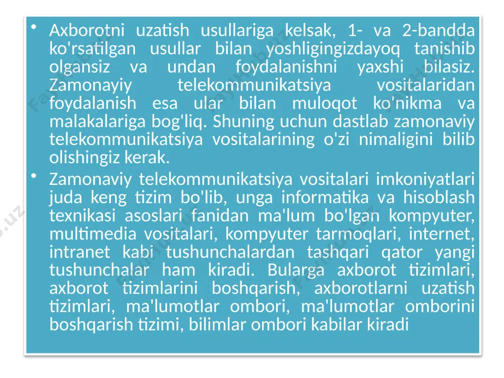 naviy o'qitish texnologiyalaridan dars jarayonida foydalanish katta ijobiy natijalar beradi. o'qitishni avtomatlashtirish (axborotlashtirish) yoki axborot texnologiyalaridan foydalanish dasturiga quyidagilarni kiritish murnkin: foydalanuvchining mustaqil vа ongli ravishda olib boradigan faoliyatiga axborot obyektlarini yaratish, kerakli axborot obyektlarini izlash, axborotlarni yig'ish, tahlil qilish vа ajratib olish, tashkillashtirish, kerakli ko'rinishda tasyirlash, axborot obyektlarini (matn, suhbat, rasm, o'yin vа boshqa ko'rinishda) uzatish, modellashtirish, loyihalash, obyektlarni rejalashtirish vа boshqalar kiradi. axborot texnologiyasi modellari тиаууап amallarni ongli vа rejali amalga oshirishda o'zlashtiriladi. ви jarayon quyidagilarni o'z ichiga oladi: - kompyuter, shuningdek, printer, modem, mikrofon vа oyoz eshittirish qurilmasi, skaner, raqamli videokamera, multimedia proyektori, chizish plansheti, musiqali klaviatura kabilar hamda ulaming dasturiy ta'minoti; - uskunayiy, dasturiy ta'minot; - virtual matn konstruktorlari, multiplikatsiyalar, musiqalar, fizik modellar, geografik xaritalar, ekran protsessorlari vа h.k. ; - axborotlar majmui - ma'lumotnomalar , ensiklopediyalar , virtual muzeylar vа h.k.; - texnik ko'nikmalar trenajyorlari (tugmachalar majmuidan tugmachalarga qaramasdan ma'lumot kiritish, dasturiy vositalami dastlabki o'zlashtirish …