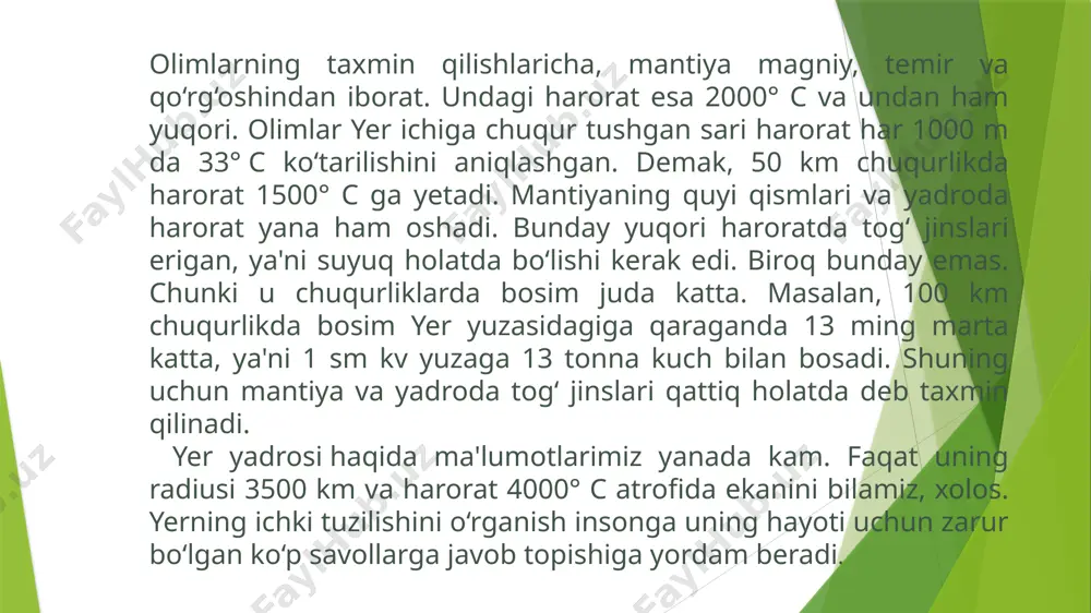 bo’lib, u yer qobigi’da magmaning yuqori bosim va haroratda otilib chiqishi va sovub, qattiq holatga o’tishi tufayli vujudga kelgan. granitdan keyin bazalt qatlami mavjud bo’lib, u granitdan ko’ra og’irriq va unda temir, kaltsiy va magniy moddalari ko’proq. qobiqdan keyin, 33 – 29000 kilometr chuqurlik intervallarida mantiya joylashgan. mantiya temir, magniy va qo’rg’oshindan ekanligi va o’rtacha harorati 2000 °c atrofidaligi taxmin qilinadi. yer qobig’i va mantiyasining yuqori qismi o’zaro birgalikda yer litosferasini tashkil qiladi. litosfera bir necha ulkan litosferik plitalardan iborat bo’lib ular doimo bir biriga nisbatan harakatda bo’ladi. aynan shu litosferik plitalar chegaralari bo’ylab zilzilalarning nisbatan ko’p o’choqlari paydo bo’ladi. mantiya va qobiq chegarasi – «moxrovich yuzasi» deb ataladi va unda seyesmik to’lqinlar tarqalish tezligi keskin sakrashlar bilan kuchayadi materiklardan 120 – 150 km, okeanlardan esa 60 – 400 km chuqurlikda «atenosfera» deb nomlanuvchi qatlam joylashgan bo’lib, bu qatlamdagi moddalar erish haroratiga yaqin va juda ham past qovushqoqlik xususiyatida ekanligini, …