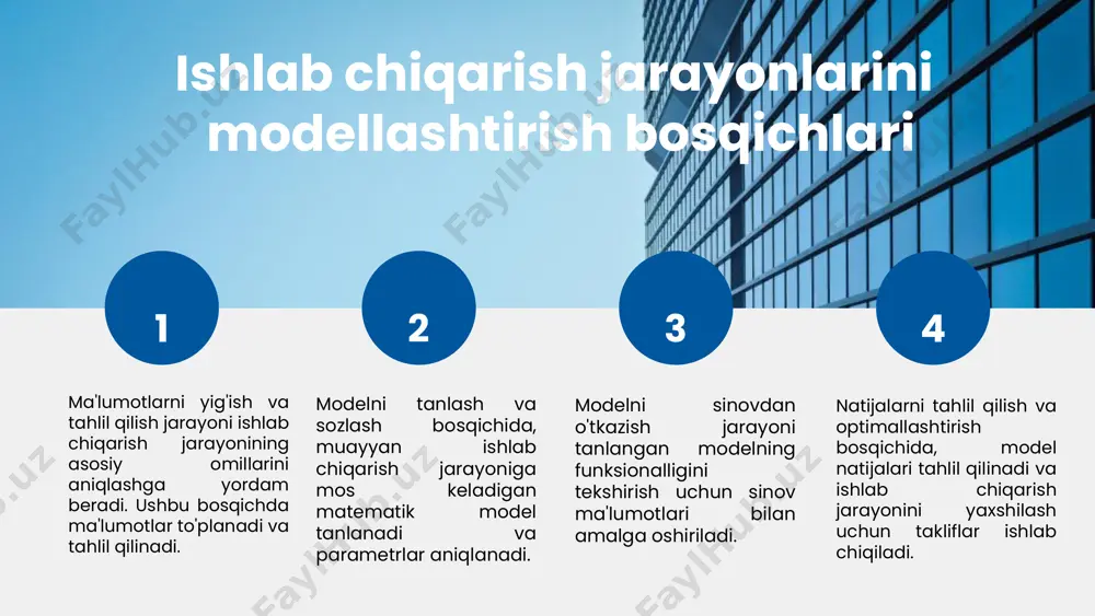 kin. ishlab chiqarish jarayonlarida real misollar modellashtirish natijalari kompaniyalar uchun muhim ma'lumotlar beradi. masalan, ma'lum bir mahsulotni ishlab chiqarish jarayonida sarflangan resurslar va vaqtni tahlil qilish orqali, kompaniyalar o'z strategiyalarini optimallashtirishlari mumkin. bunday tahlillar, kelajakda yuzaga kelishi mumkin bo'lgan muammolarni oldini olishga yordam beradi. modellashtirish natijalarining tahlili ekonometrik modellarni amaliyotda qo'llashning bir qancha afzalliklari mavjud: 1) resurslarning samarali taqsimlanishi; 2) qaror qabul qilish jarayonida xavflarni kamaytirish; 3) iqtisodiy samaradorlikni oshirish. bularning barchasi kompaniyaning raqobatbardoshligini oshirishga yordam beradi. modellarni amaliyotda qo'llashning afzalliklari kelajakdagi yo'nalishlar va takomillashtirish ekonometrik modellashtirishning rivojlanish yo'nalishlari zamonaviy texnologiyalar bilan kengaymoqda. yangi algoritmlar va ma'lumotlar tahlili usullari ishlab chiqarish jarayonlarini samarali modellashtirishni ta'minlaydi. yangi texnologiyalar, masalan, sun'iy intellekt va mashinani o'rganish, ekonometrik modellarni yaratishda muhim rol o'ynaydi. bu texnologiyalar yordamida katta ma'lumotlar asosida aniq natijalarga erishish mumkin. modellashtirish jarayonida muammolarni hal qilish uchun innovatsion yechimlar izlash zarur. kadrlar tayyorlash va yangi metodologiyalarni ishlab chiqish muhim ahamiyatga ega. statistika …